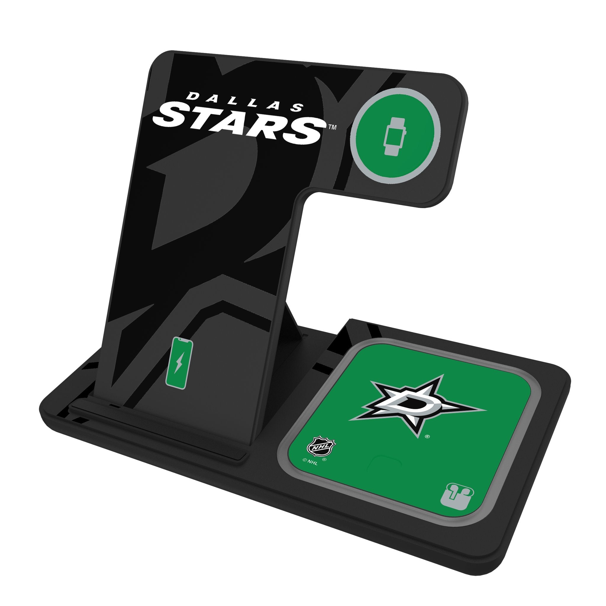 Dallas Stars Monocolor Tilt 3-in-1 Wireless Charging Station for iPhone, Android & AirPods - Fast Charging Stand for Home, Office & Travel