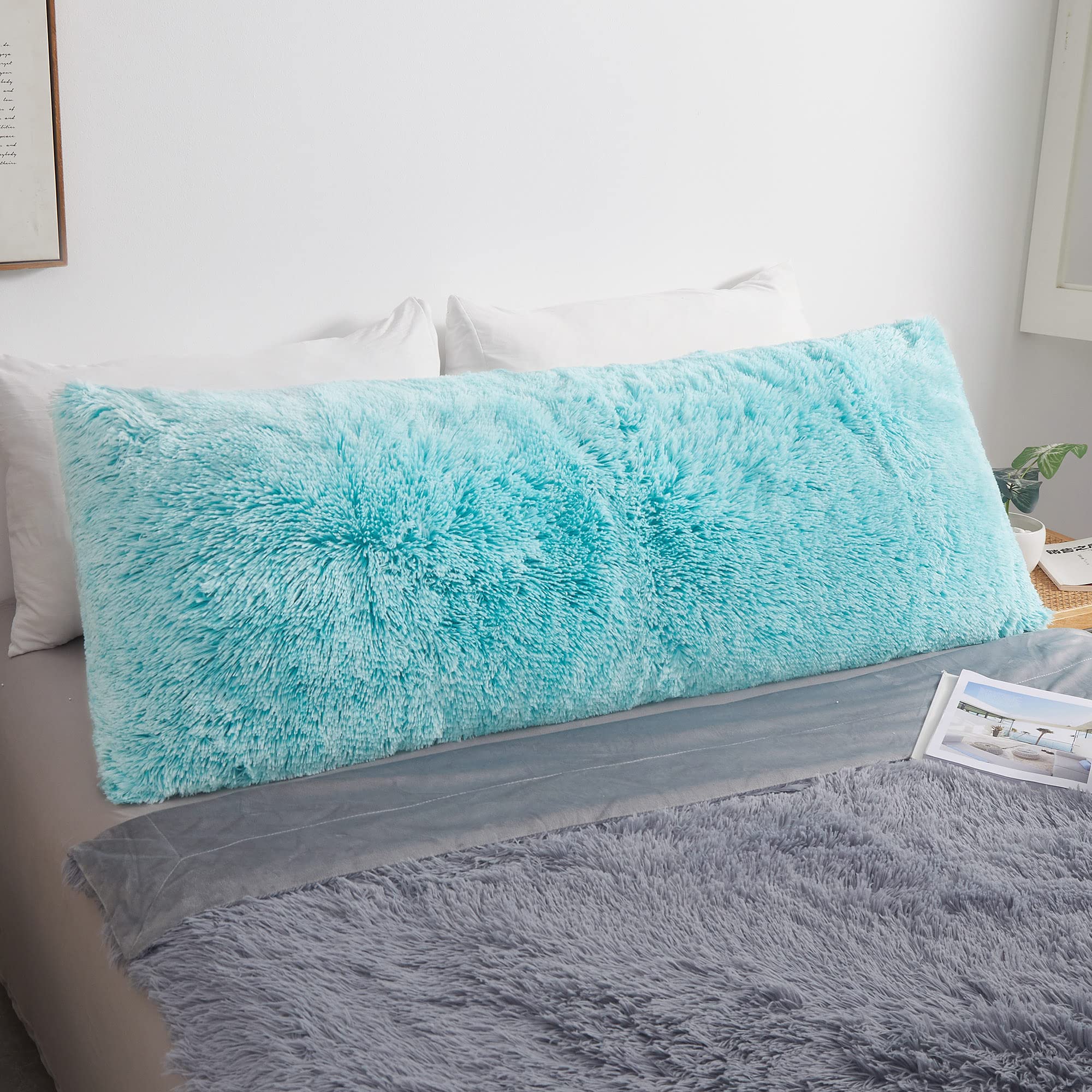 **MEGO Shaggy Plush Body Pillow Cover - Mint Faux Fur Fluffy Pillowcase 20x54 Inches, Boho Fuzzy Full Body Pillow Case with Zipper Closure, Ombre Aqua Green - Perfect for Cozy Bedroom Decor, Couch Throw, and Relaxing Comfort**