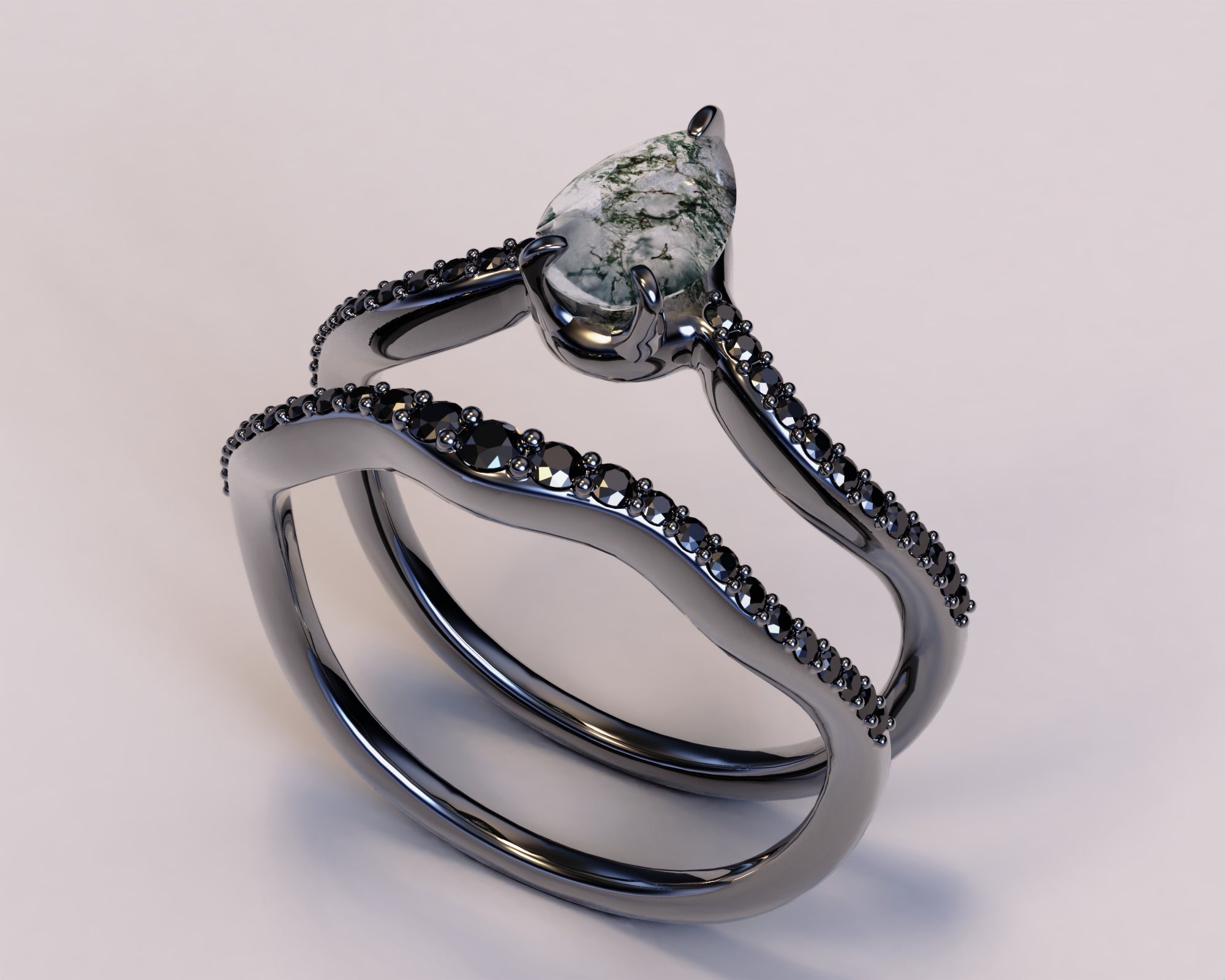 Art Deco Style Moss Agate Teardrop Ring with Black Diamonds - Elegant Vintage Jewelry for Women, Perfect for Weddings, Parties & Special Occasions