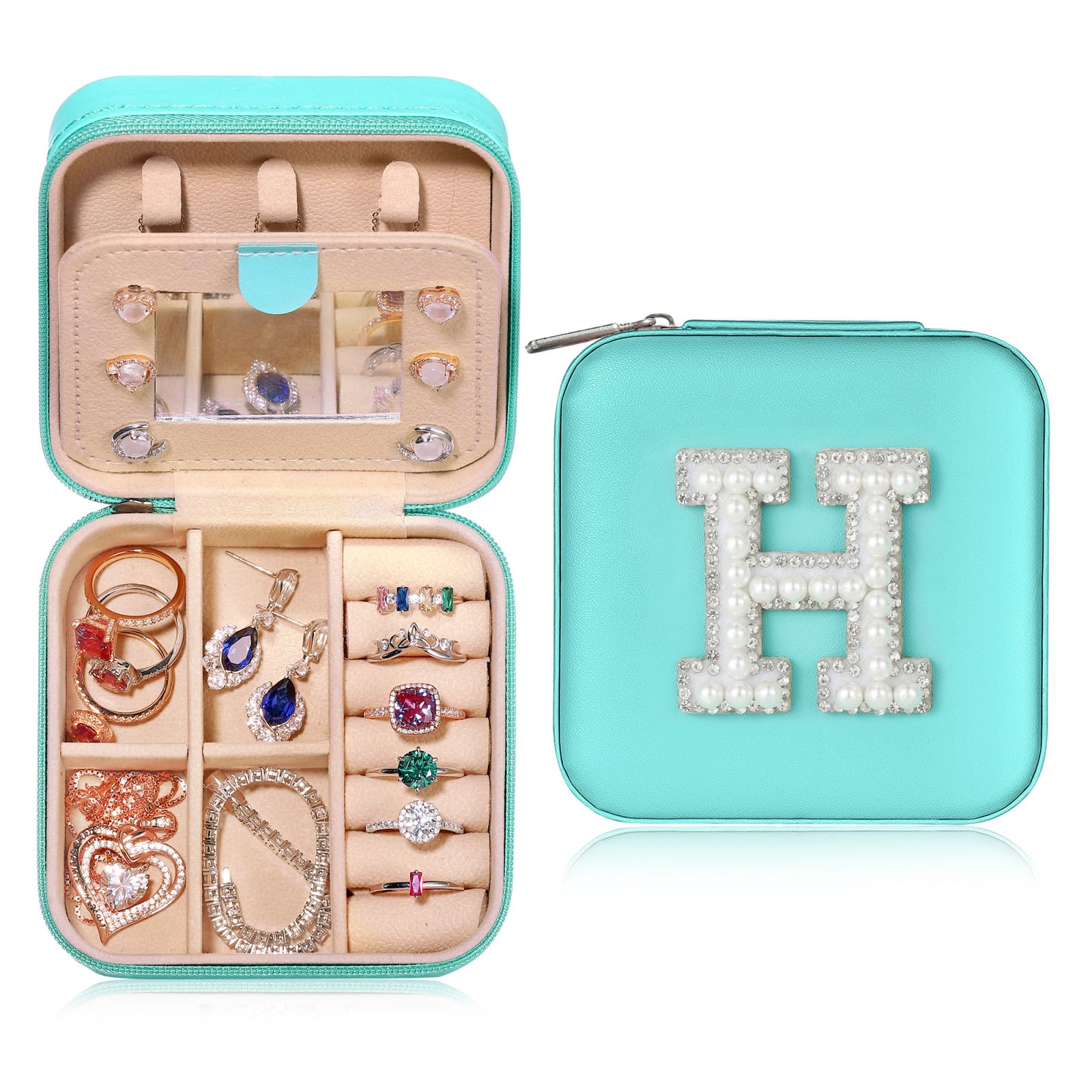 Parima Elegant Pearl Initial Jewelry Box - Personalized Small Jewelry Organizer for Women | Travel Jewelry Case with Mirror | Perfect Teacher Gift & Travel Accessory for Women | Great for Daily Use, Traveling, and Gift Giving