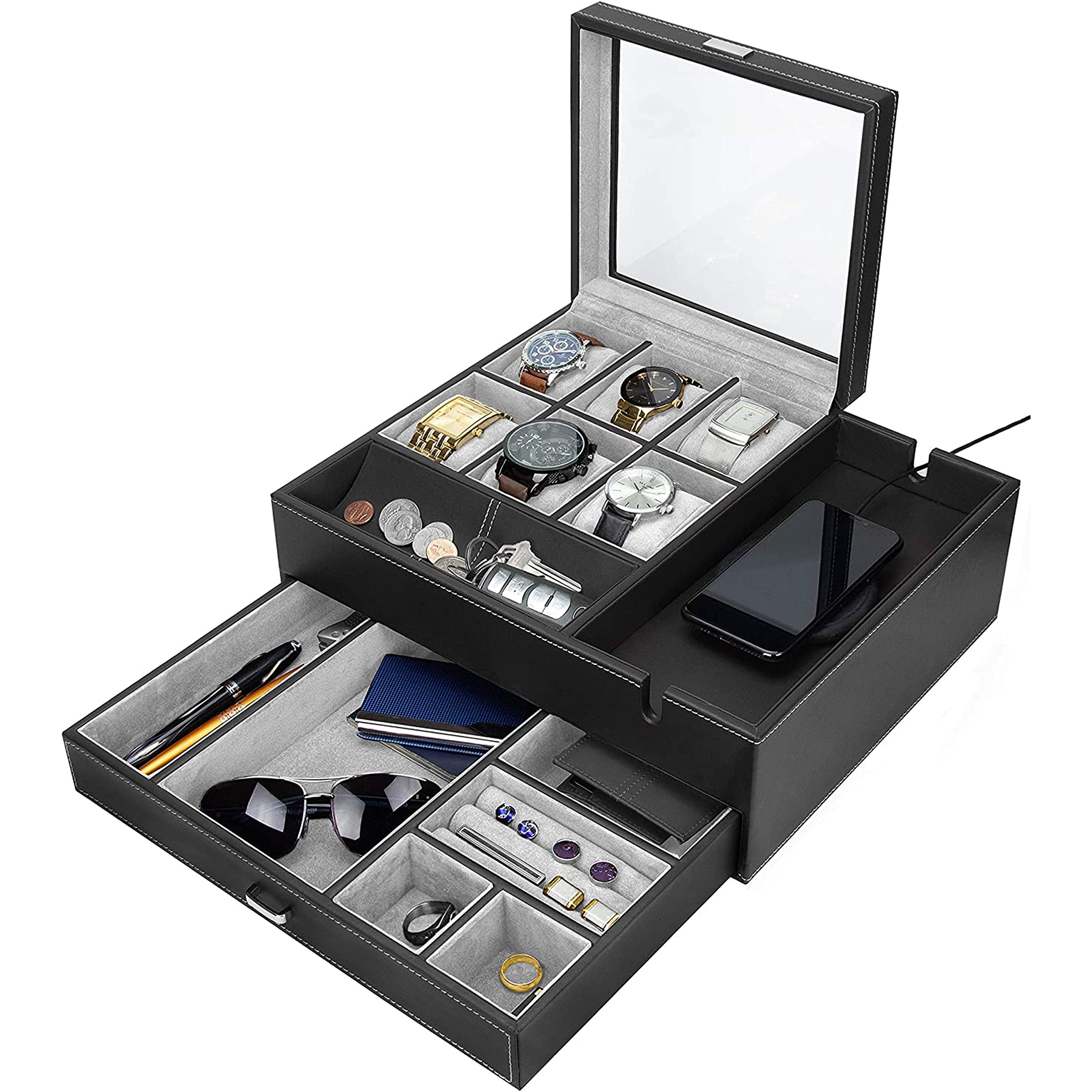 HOUNDSBAY Commander Dresser Valet - Premium Watch Box & Jewelry Organizer for Men with Smartphone Charging Station (Black/Gray) - Perfect for Dresser Top, Nightstand, Closet & Travel Accessory Storage