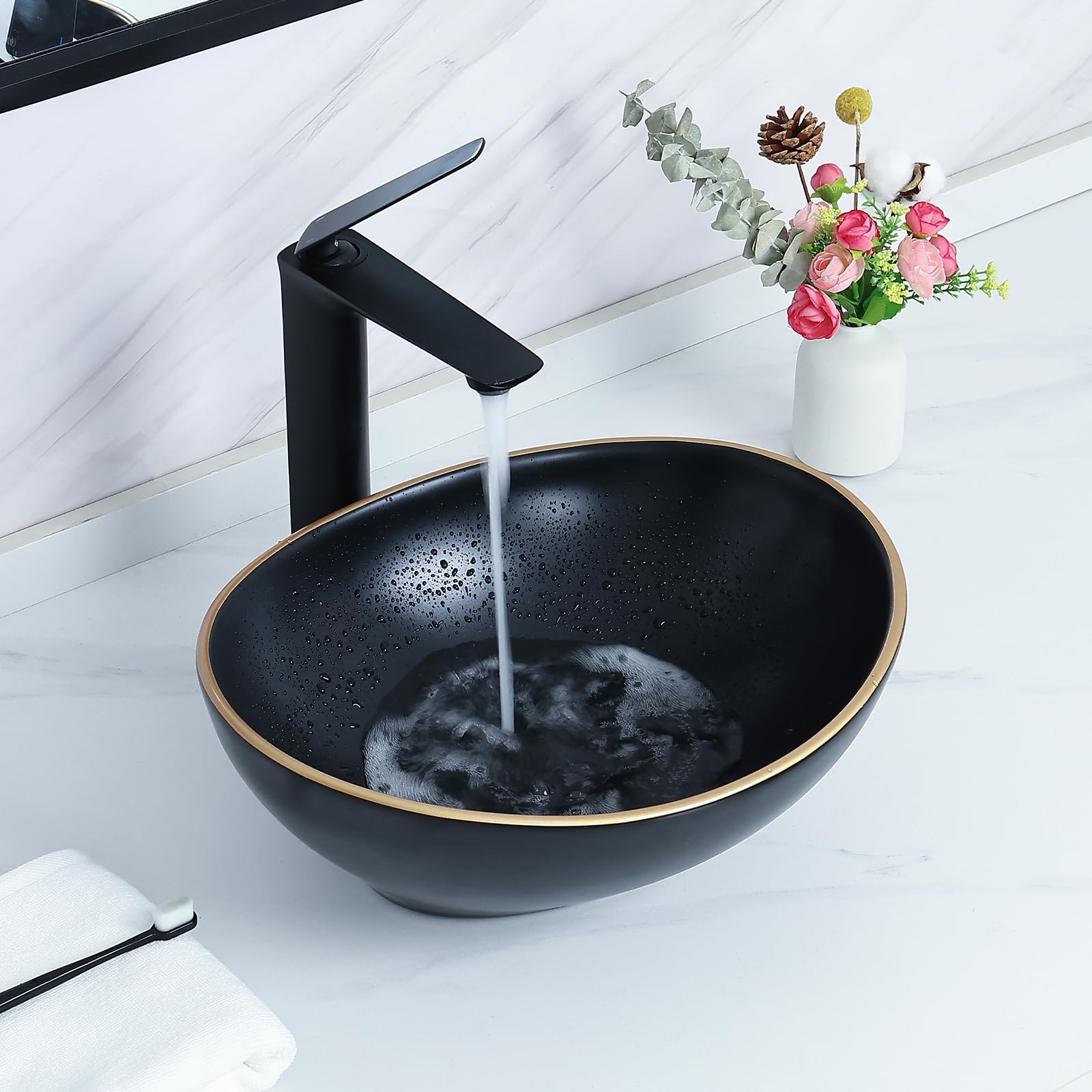 Matte Black Oval Vessel Sink with Gold Trim for Bathroom Countertop - Ceramic Above Counter Sink for Modern Bathrooms