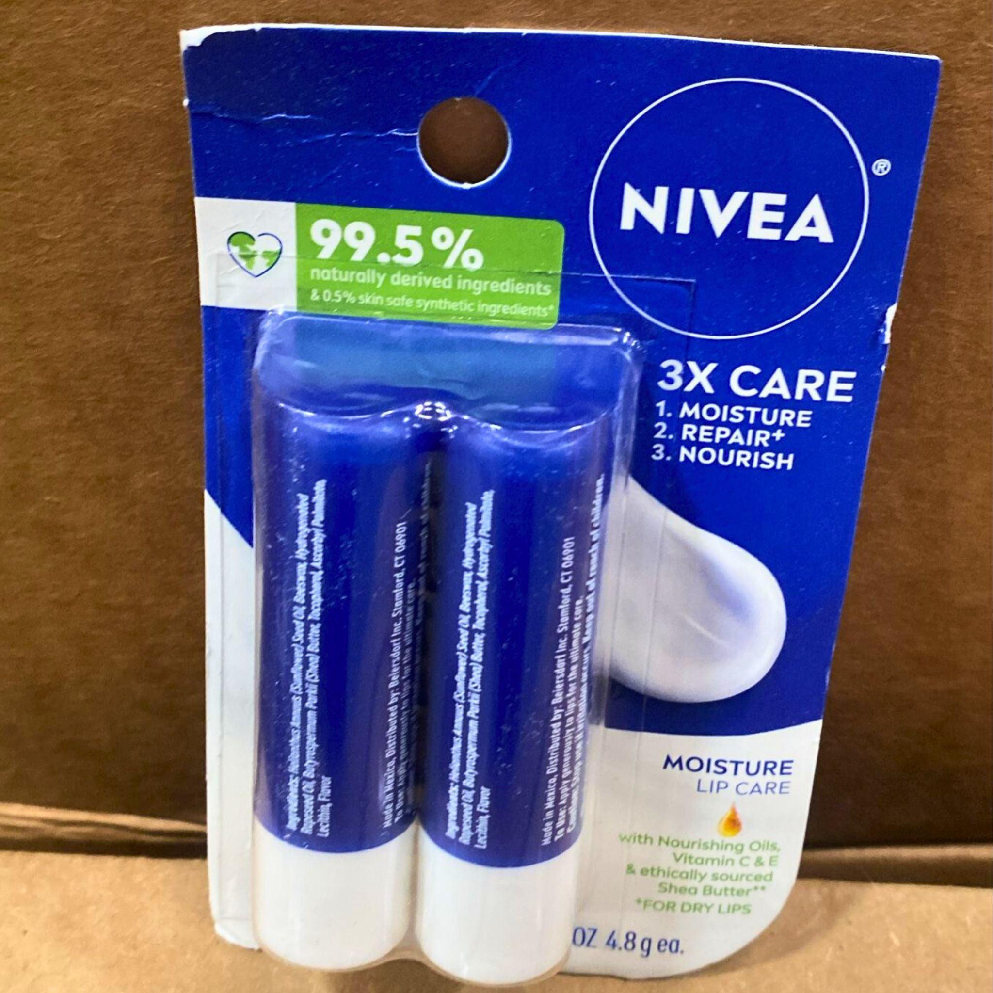 Nivea 3x Care Moisture Lip Balm - 0.17 oz (2 Sticks) - Pack of 96 - Hydrating & Nourishing Lip Care for Dry, Chapped Lips - Perfect for Winter, Travel & Daily Use