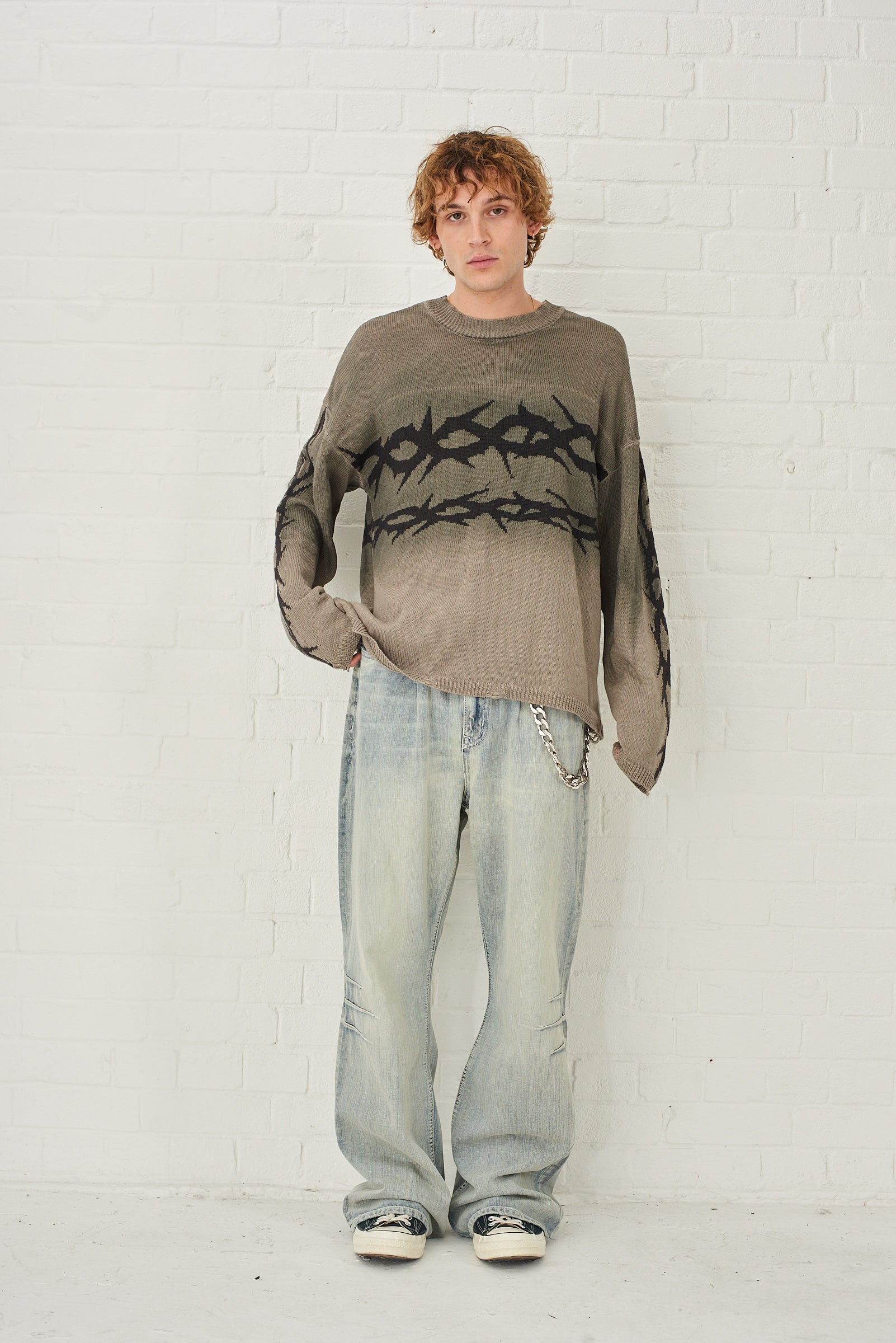 Traitor Grey Barbed Wire Knit Jumper Sweater - Trendy Oversized Pullover for Men & Women - Perfect for Streetwear, Casual Outfits and Winter Layering