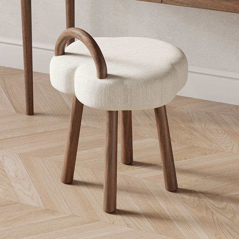 White Upholstered Vanity Stool with Back Support & Wooden Legs - 19