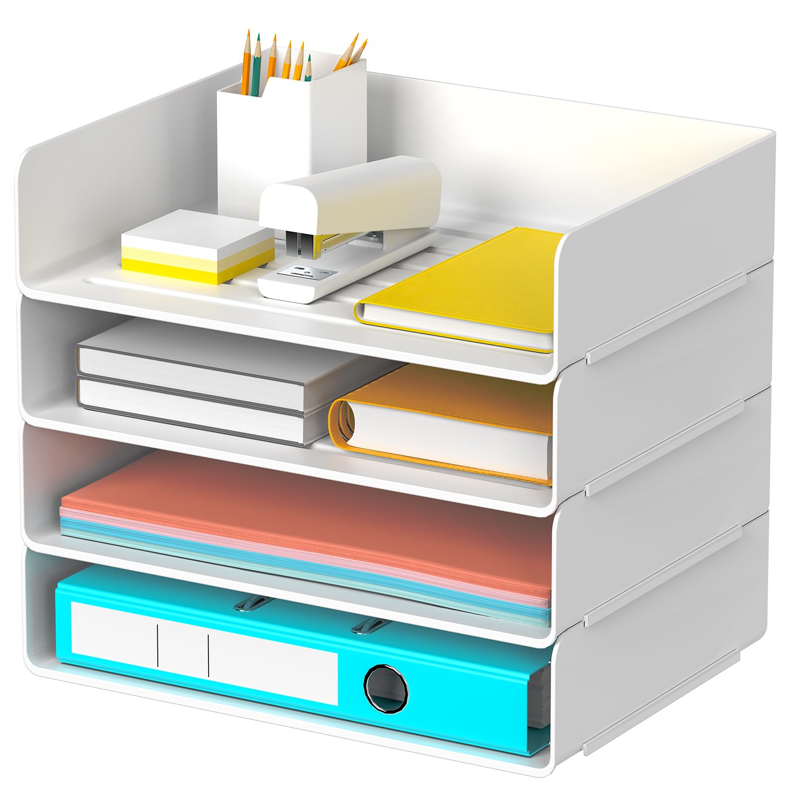 Stackable Desk Organizer - 4-Tier White Paper Letter Tray for Office, Desktop File Holder, Book Storage Rack | Perfect for Home Office, School, and Workspace Organization