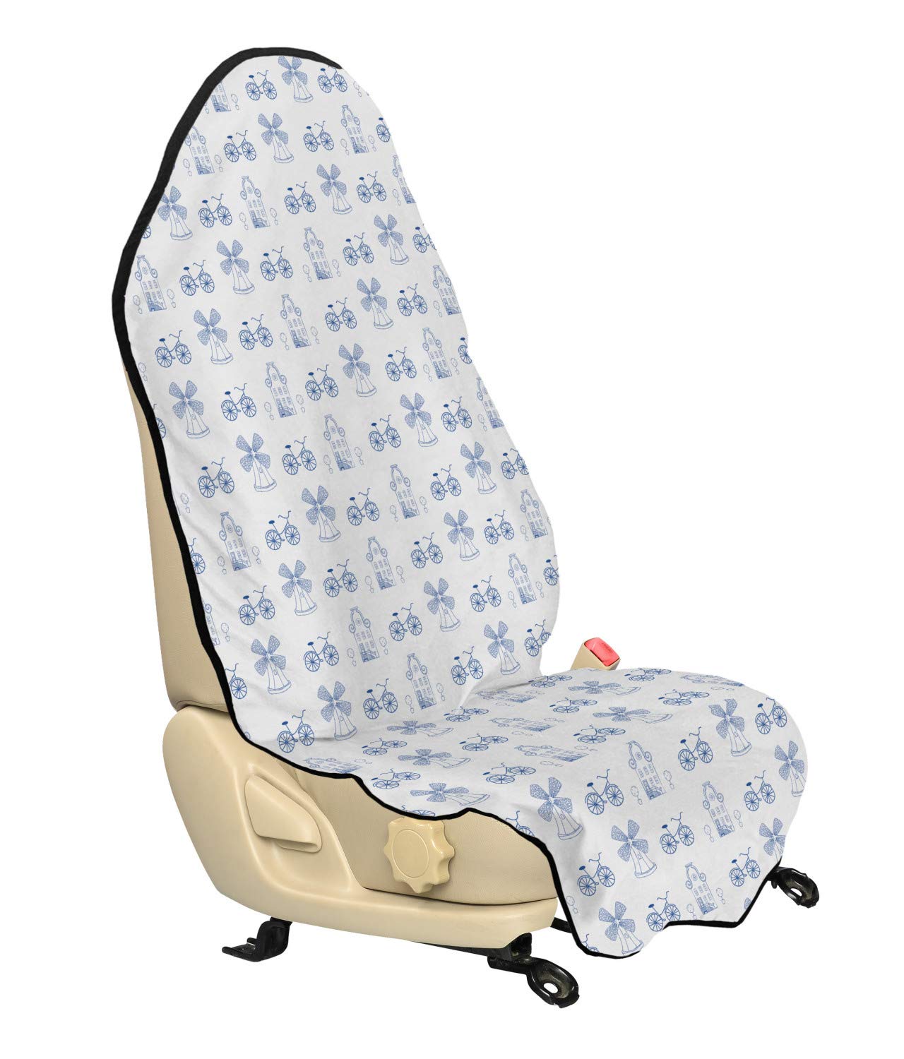 Ambesonne Universal Non-Slip Car Seat Cover Protector - Dutch Windmill & Bicycle Design Blue White 30