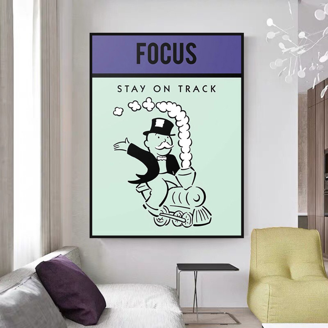 Alec Monopoly 'Stay on Track' Play Card Canvas Wall Art - Modern Pop Art Home Decor for Living Room, Bedroom & Office