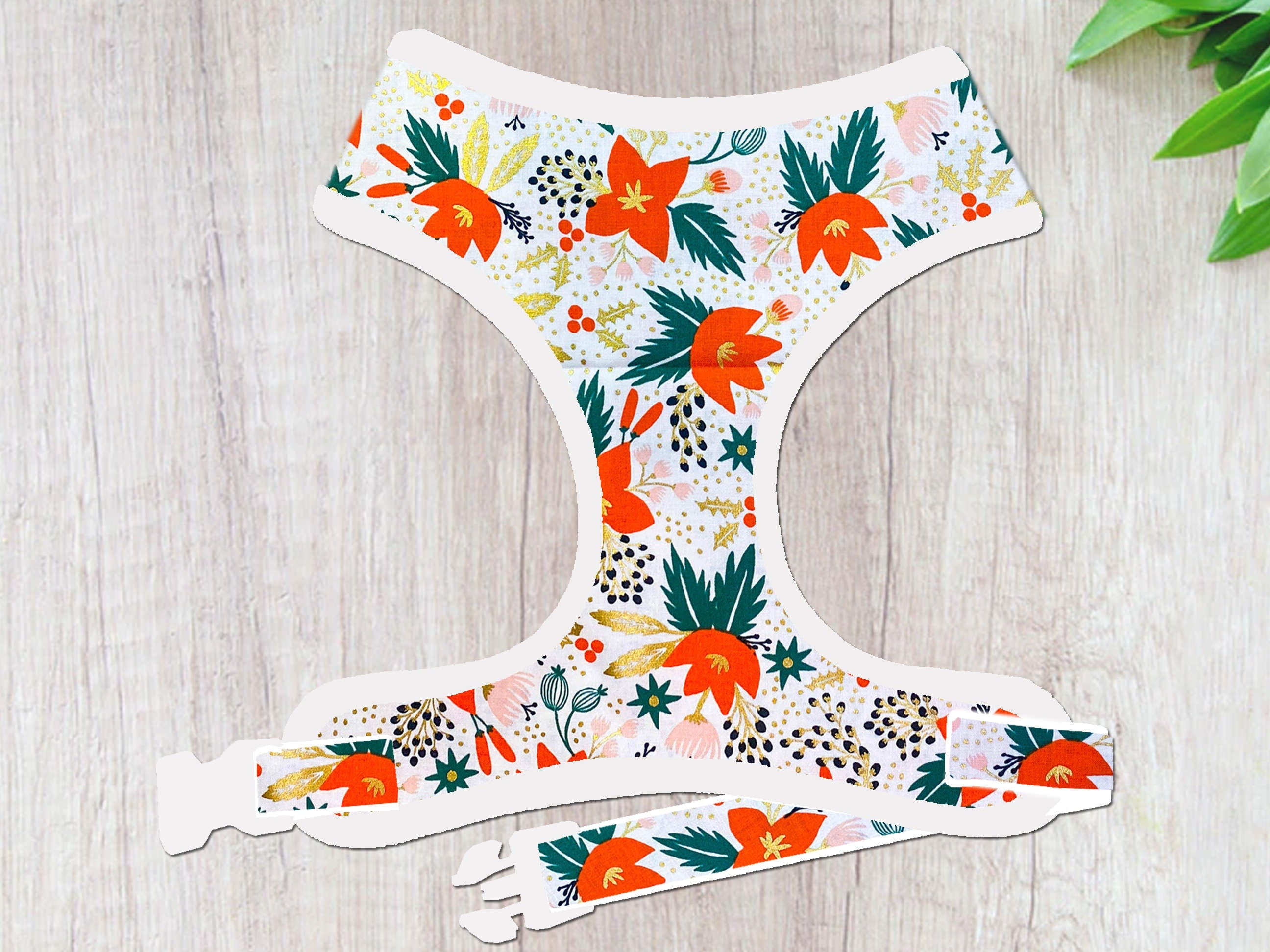 Rifle Paper Co Christmas Dog Harness - Poinsettia & Evergreen Metallic Design for Small to Medium Dogs | Festive Holiday Pet Accessory for Xmas Walks & Photos