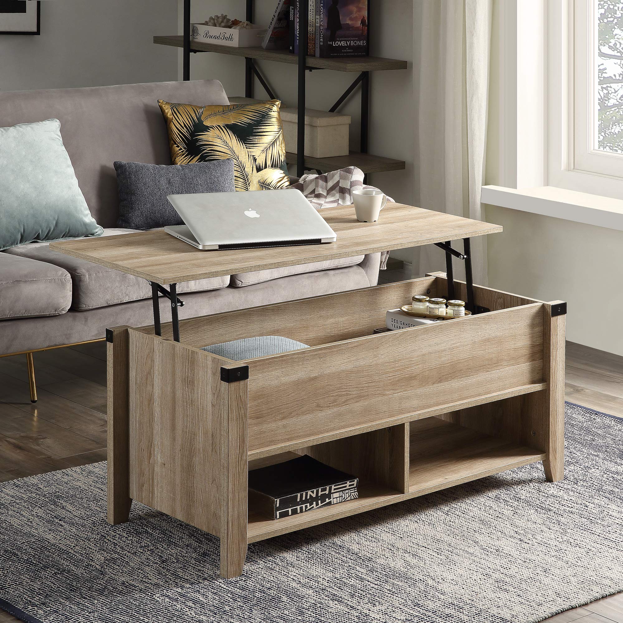 Modern Lift Top Coffee Table with Hidden Storage & Open Shelf - Rustic Farmhouse Style Oak Wood Center Table for Living Room, Cocktail & End Table - Perfect for Small Spaces, TV Rooms & Home Office Use
