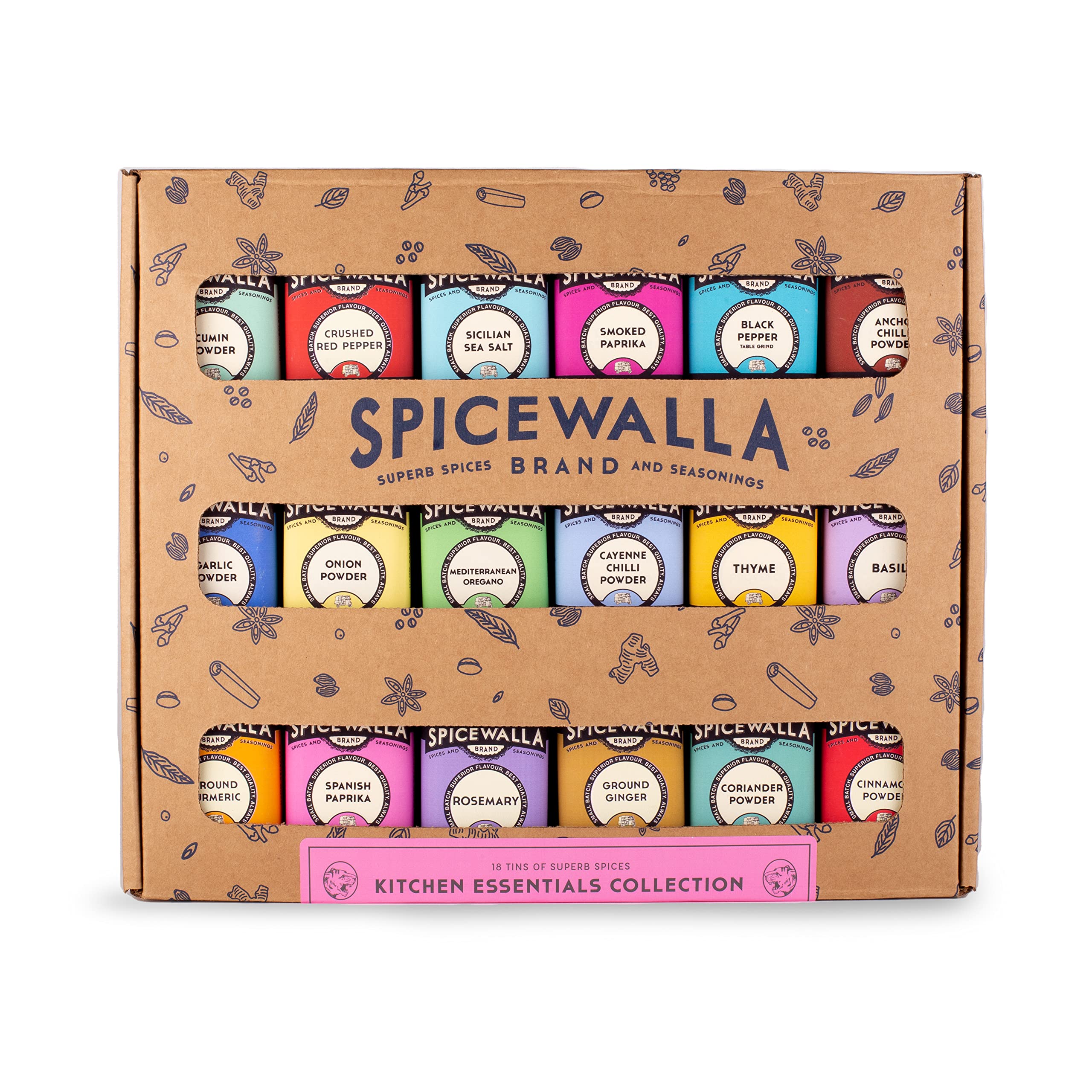 Spicewalla 18-Piece Essential Spices & Seasonings Variety Set | Garlic, Onion, Paprika, Crushed Red Pepper, Oregano & More | Premium Kitchen Cooking Spice Collection | Perfect for Home Chefs, Apartment Cooking & Housewarming Gifts | Ideal for Meal Prep, BBQ, Baking & Everyday Recipes