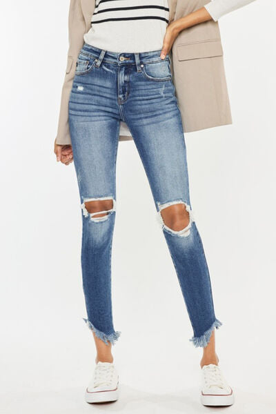 Kancan Women's High Waist Distressed Raw Hem Ankle Skinny Jeans - Trendy Ripped Denim Pants for Casual Wear, Night Out & Street Style Fashion