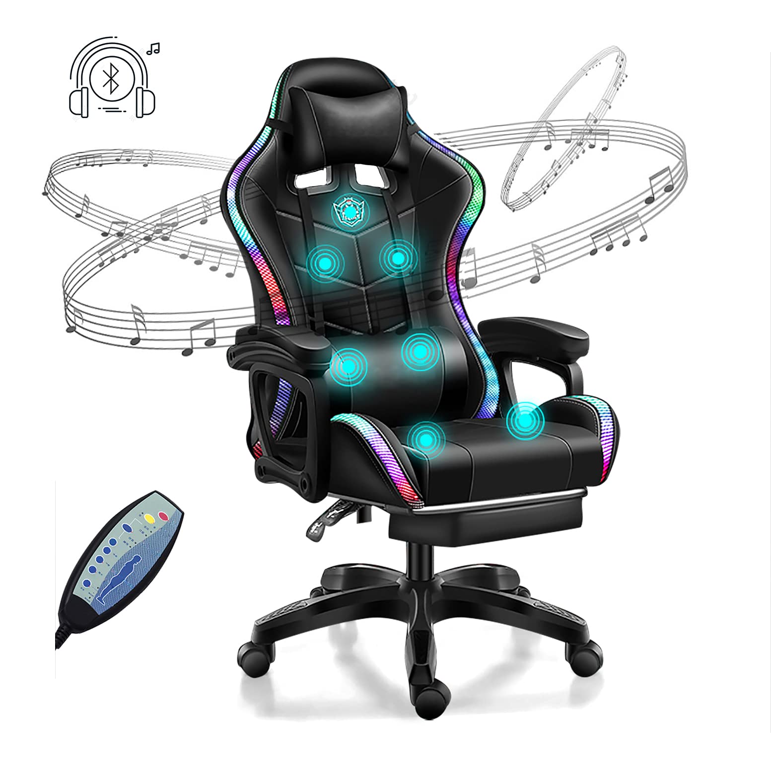 WLYMQFC Ergonomic Gaming Chair with LED Lights, Massage & Footrest - Bluetooth Speakers, Adjustable Armrests & Backrest - PU Leather PC/Computer Desk Chair for Gamers (Black) - Perfect for Esports, Streaming & Home Office Setup
