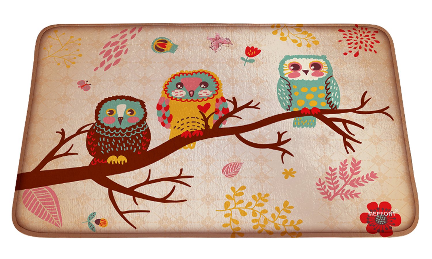 Meffort Inc Printed Soft Floor Door Mat - Non-Slip Entry Rugs for Kitchen, Dining Room, Living Room, Hallway & Bathroom - Three Owls Design - Perfect for Home Decor and High Traffic Areas