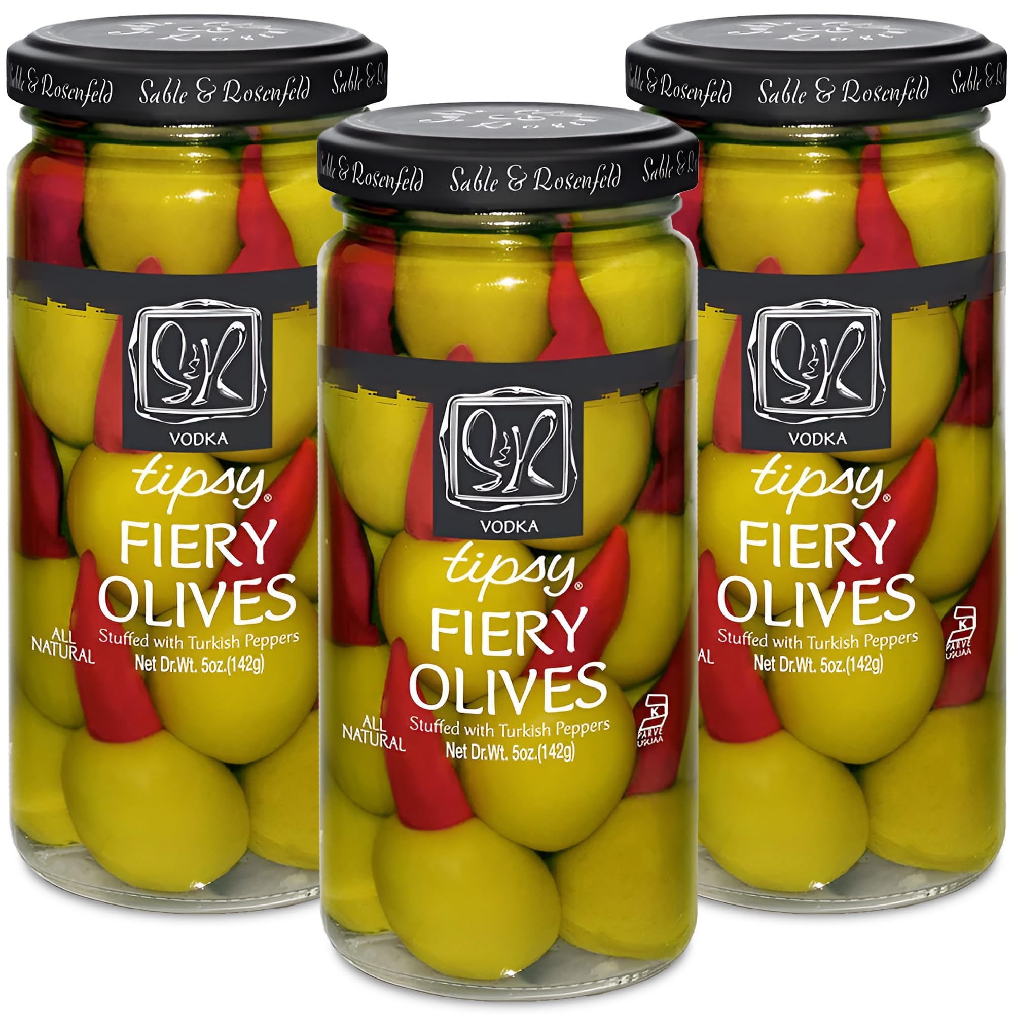 Premium Sable & Rosenfeld Tipsy Fiery Olives - Jumbo Green Olives Stuffed with Spicy Turkish Peppers - Perfect Vodka-Infused Cocktail Olives for Bloody Mary & Martini Garnish - Gourmet Bar Snacks & Party Appetizers - 5oz (Pack of 3) - Ideal for Home Entertaining, Cocktail Parties & Holiday Gatherings