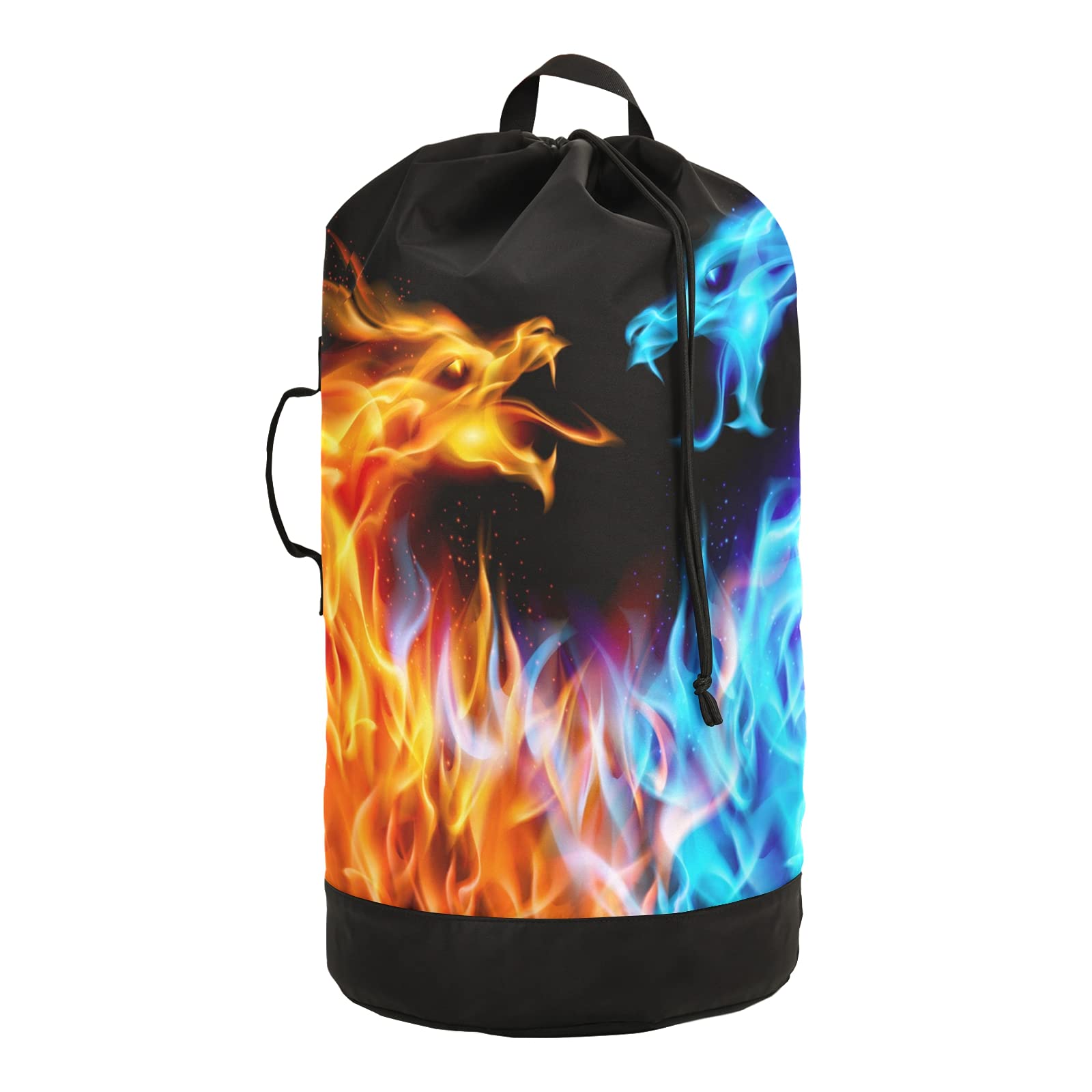 **Waterproof Nylon Laundry Backpack - Red & Blue Fire Dragon Design for College Dorm, Travel, Apartment & Laundromat | Durable with Shoulder Straps & Large Capacity**    *(Perfect for students, travelers, and apartment living – carry laundry easily to dorms, gym, or laundromat!)*