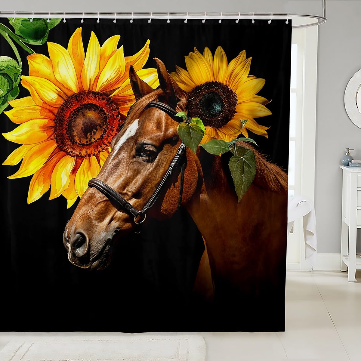 Sunflower Horse Waterproof Shower Curtain - 72x72 Inch Floral Print Bathroom Decor with Hooks for Kids, Teens & Adults - Perfect for Bathroom, Bathtub and Bedroom Decor