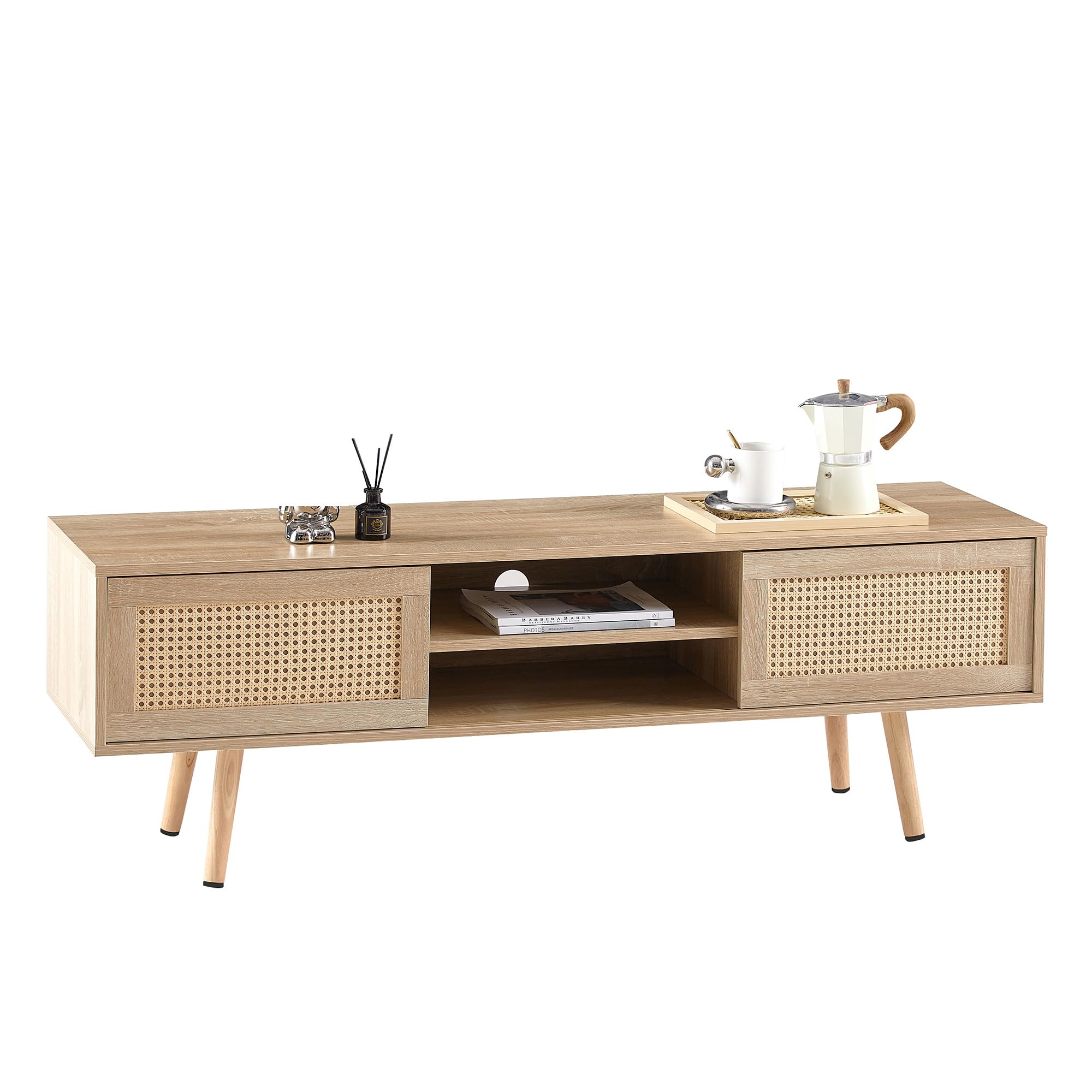 Modern Boho Coffee Table 55 Inch - Rectangle Wood Coffee Table with Sliding Door Storage & Rattan Design - Natural Finish for Living Room, Apartment - Perfect for Small Spaces, Home Decor & Entertaining Guests