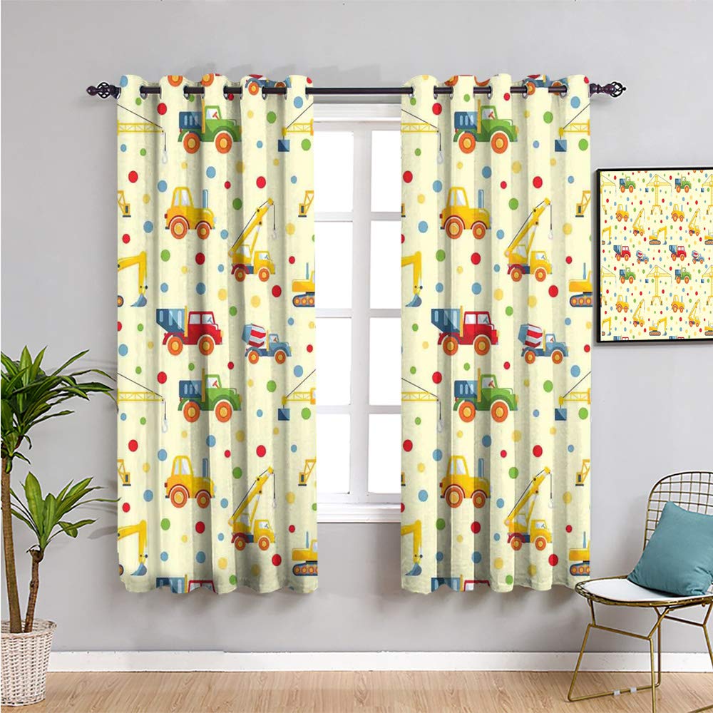 Kids Thermal Insulation Curtain - 84 Inch Length Construction Vehicles Print with Colorful Dots (Lorry, Digger, Truck, Tractor Theme) 108x84 Inch - Perfect for Bedroom, Playroom & Nursery Blackout