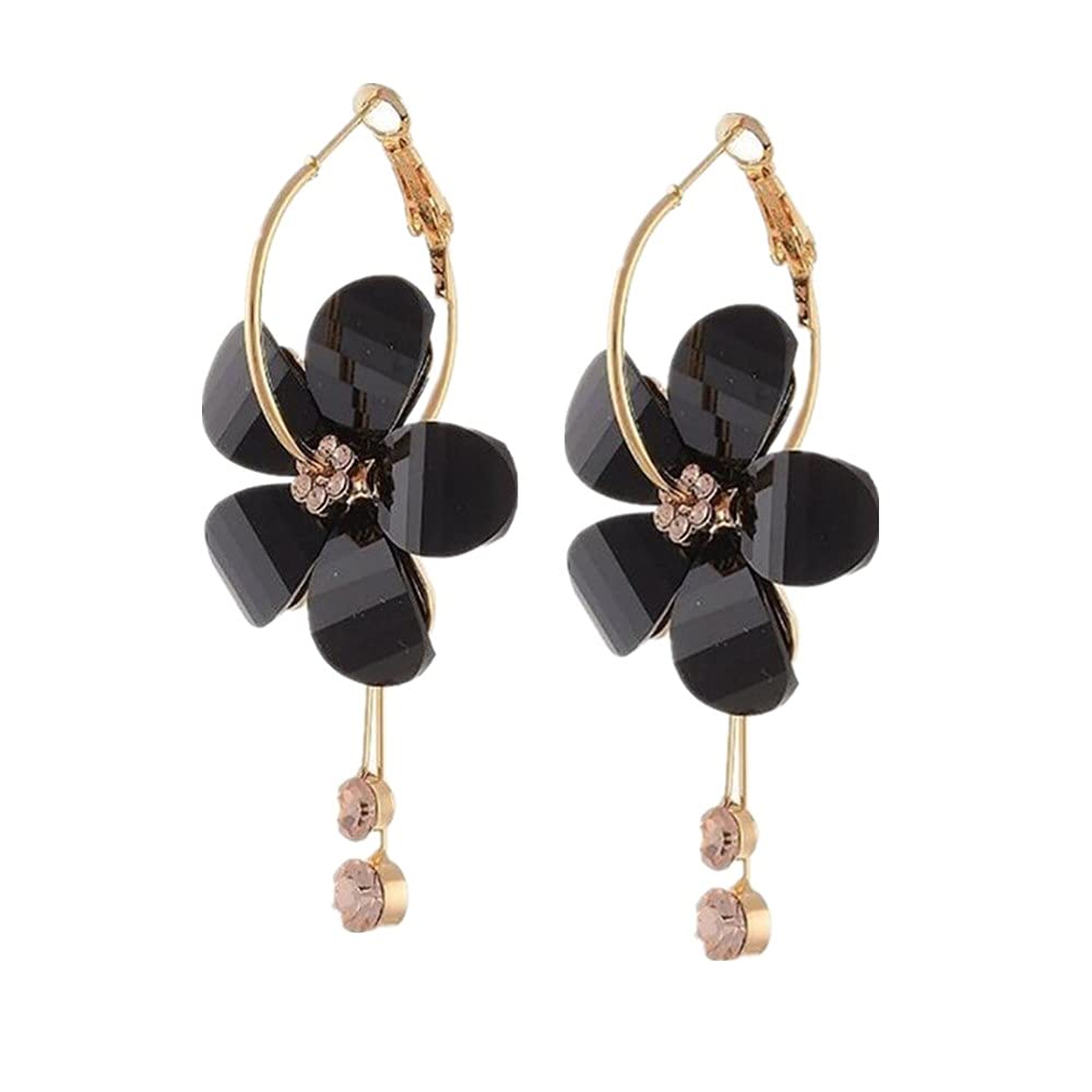 Romantic Crystal Acrylic Rose Dangle Earrings - Exaggerated Round Hoop with 5 Leaves & Long Tassel - Statement Jewelry Gift for Women & Girls - Perfect for Date Night, Parties & Special Occasions