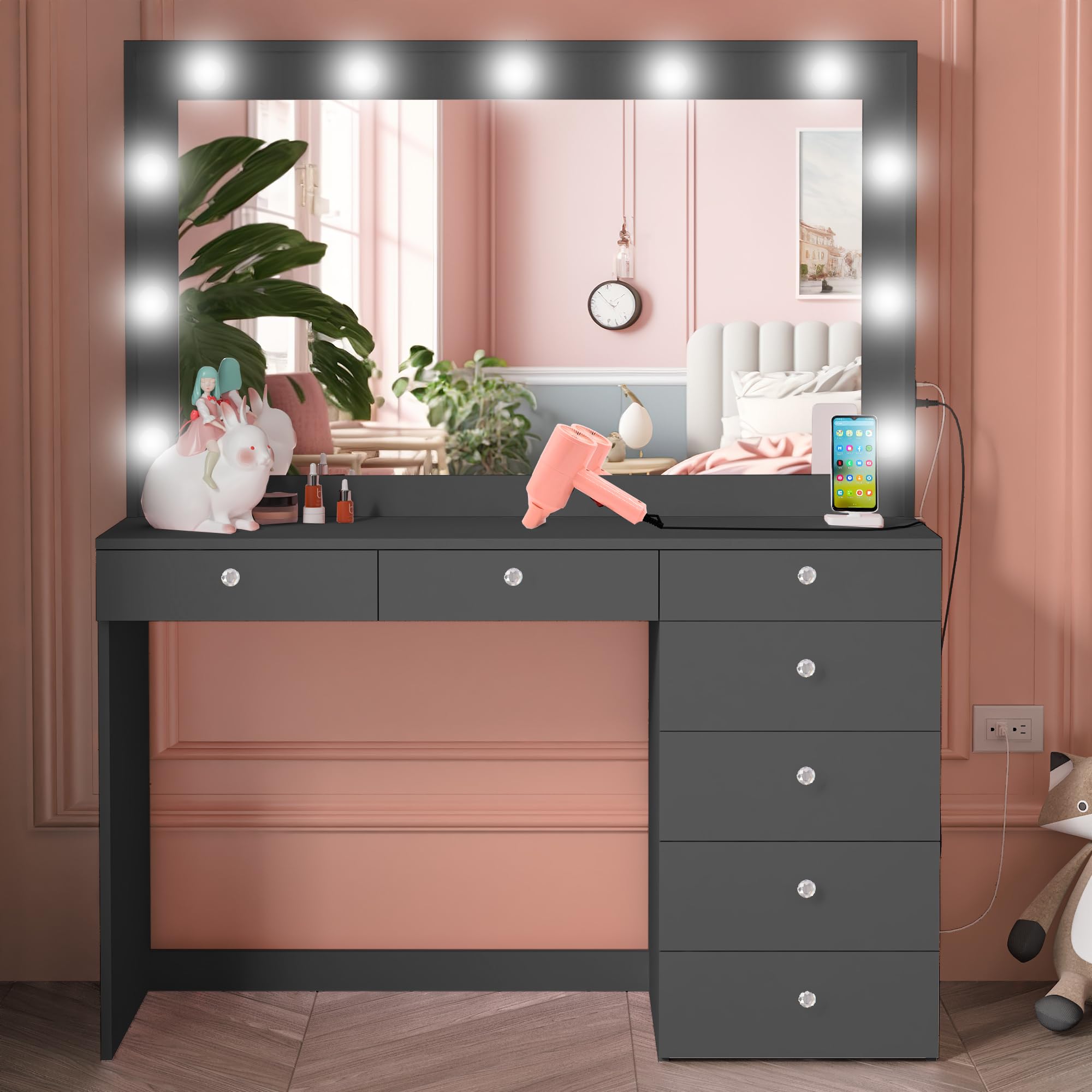Boahaus Diana Large Makeup Vanity Desk with Hollywood Vanity Mirror & Built-in LED Lights - 7 Drawers, Spacious Top, Crystal Knobs - Black Dressing Table for Bedroom (58.2