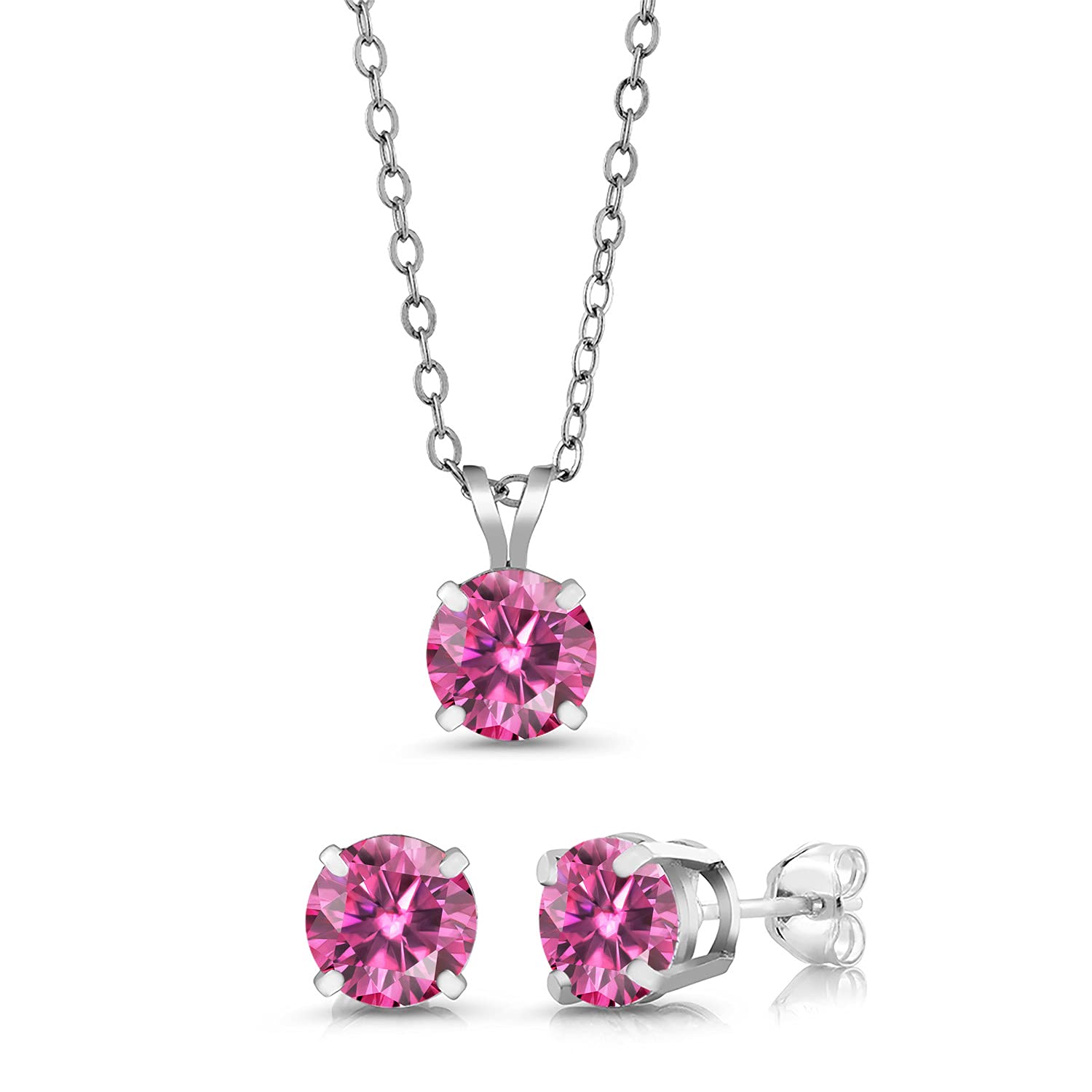 925 Sterling Silver Pink Round Moissanite Pendant & Earrings Set (2.40 Cttw) - Gem Stone King Jewelry for Women, Gift for Her, Birthday, Anniversary, Valentine's Day