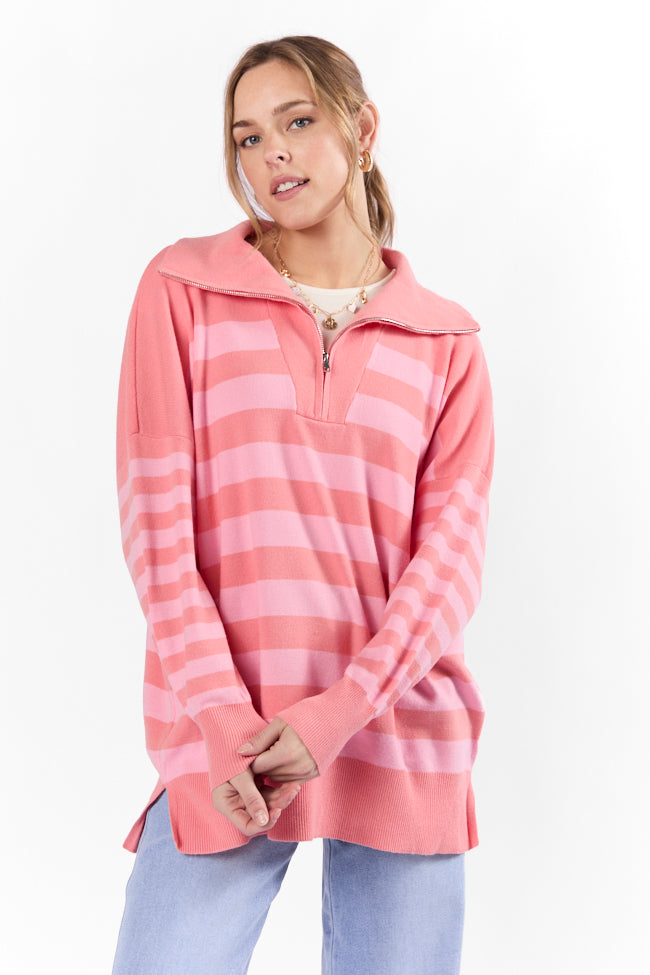 Coral Multi-Stripe Quarter Zip Pullover for Women | Soft & Stylish Pullover Sweater | Perfect for Casual Outings & Layering