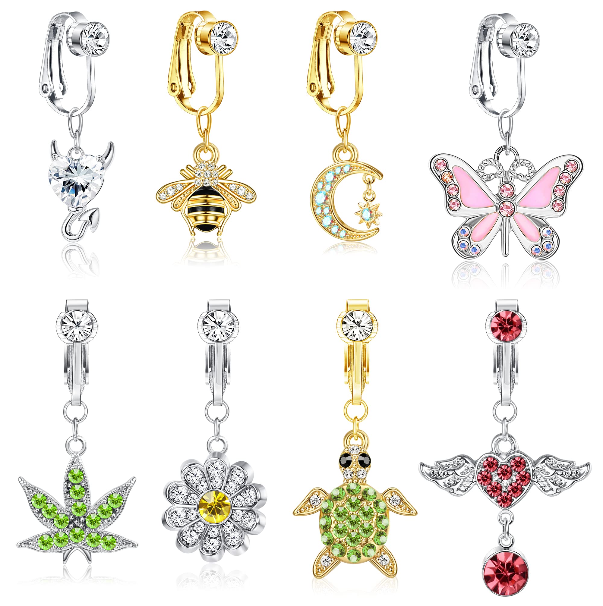 YADOCA 8Pcs Fake Belly Button Rings - Non-Piercing Clip On Navel Jewelry for Women with CZ Moon, Butterfly, Bee & Turtle Charms | Perfect for Costume Parties, Beach Wear & Everyday Fashion Accessories