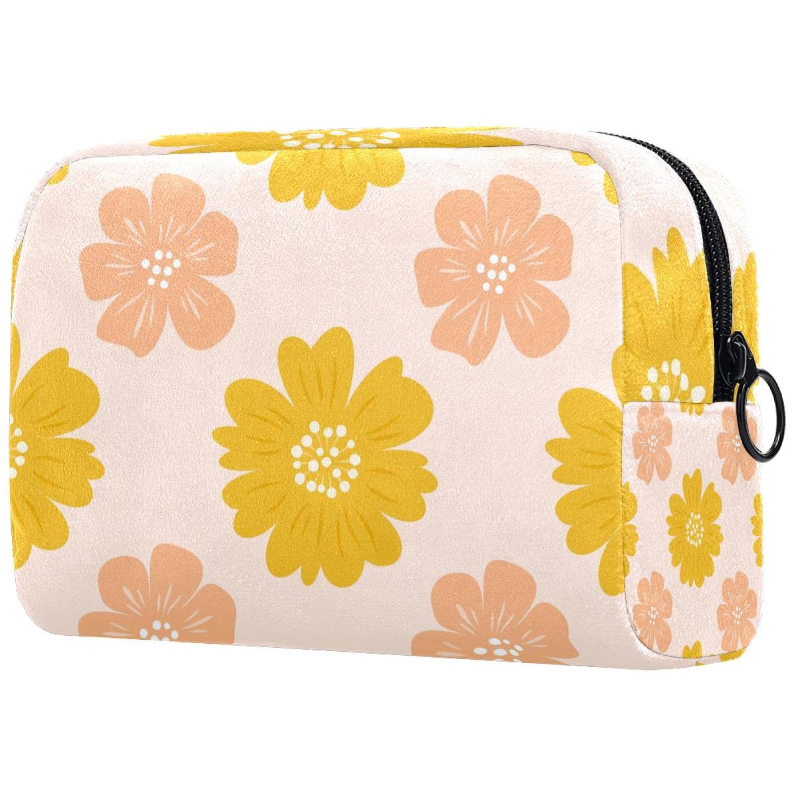 Large Yellow Orange Floral Makeup Bag for Women & Girls - Travel Cosmetic Organizer with Zipper, Portable Warm Versatile Makeup Case for Daily Use, Traveling & Gift Giving