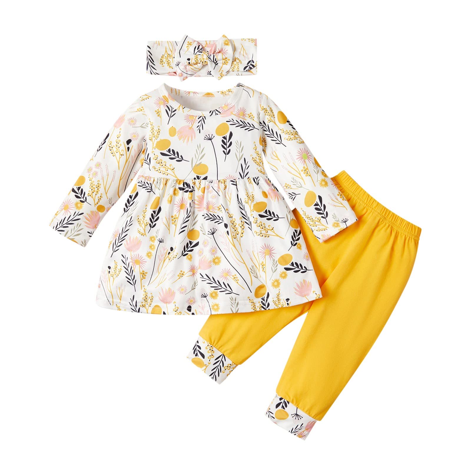 Xbgqasu Toddler Girls Long Sleeve Floral Print Top & Pants Set with Headband - Yellow Outfit for 3 Year Olds | Perfect for Birthday Parties, Photo Shoots & Everyday Play