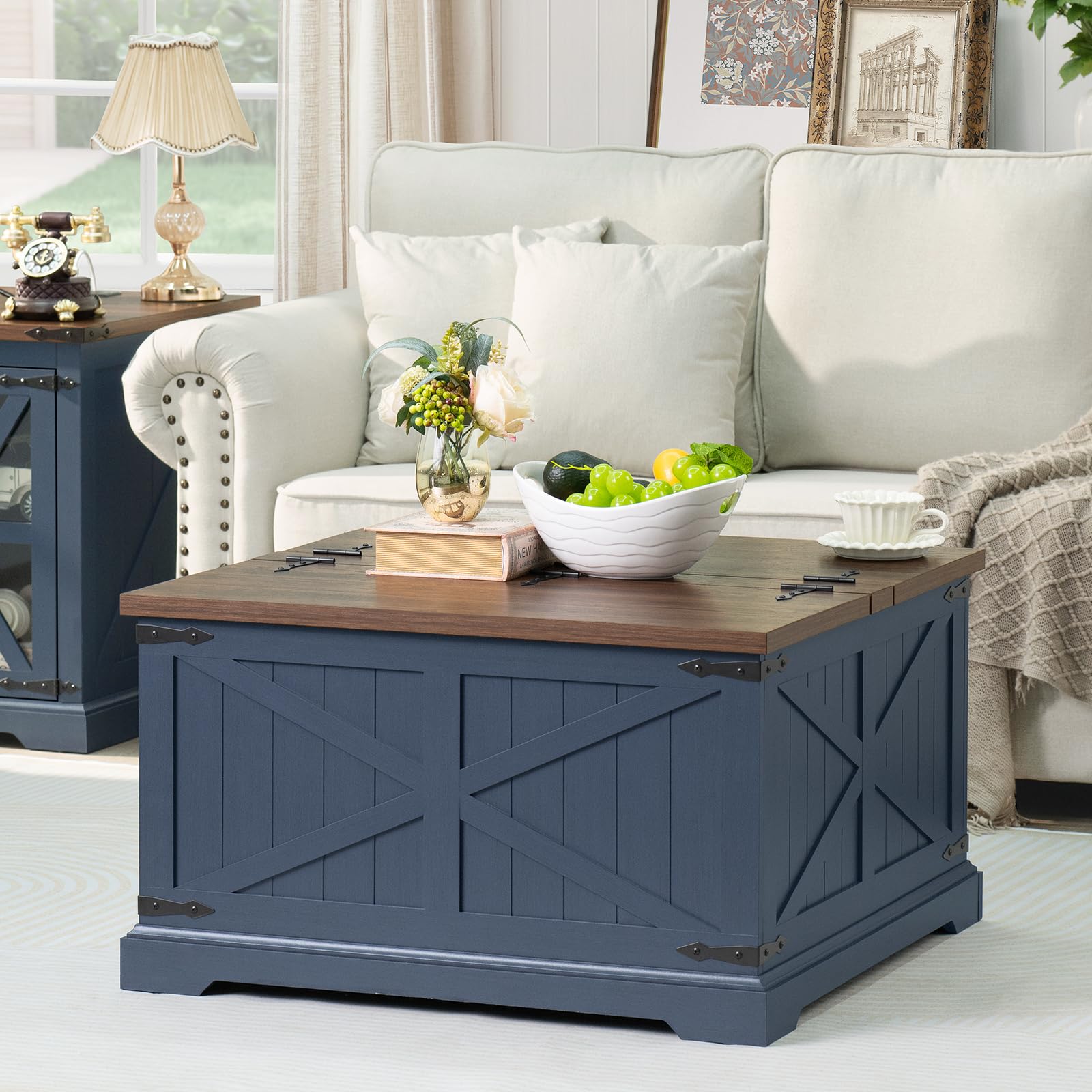 Farmhouse Coffee Table with Large Hidden Storage Compartment - Navy Blue Square Center Table - Rustic Wood Modern Living Room Table with Hinged Lift Top & Wooden Arc Base - Perfect for Small Spaces, Apartments & Cozy Home Decor