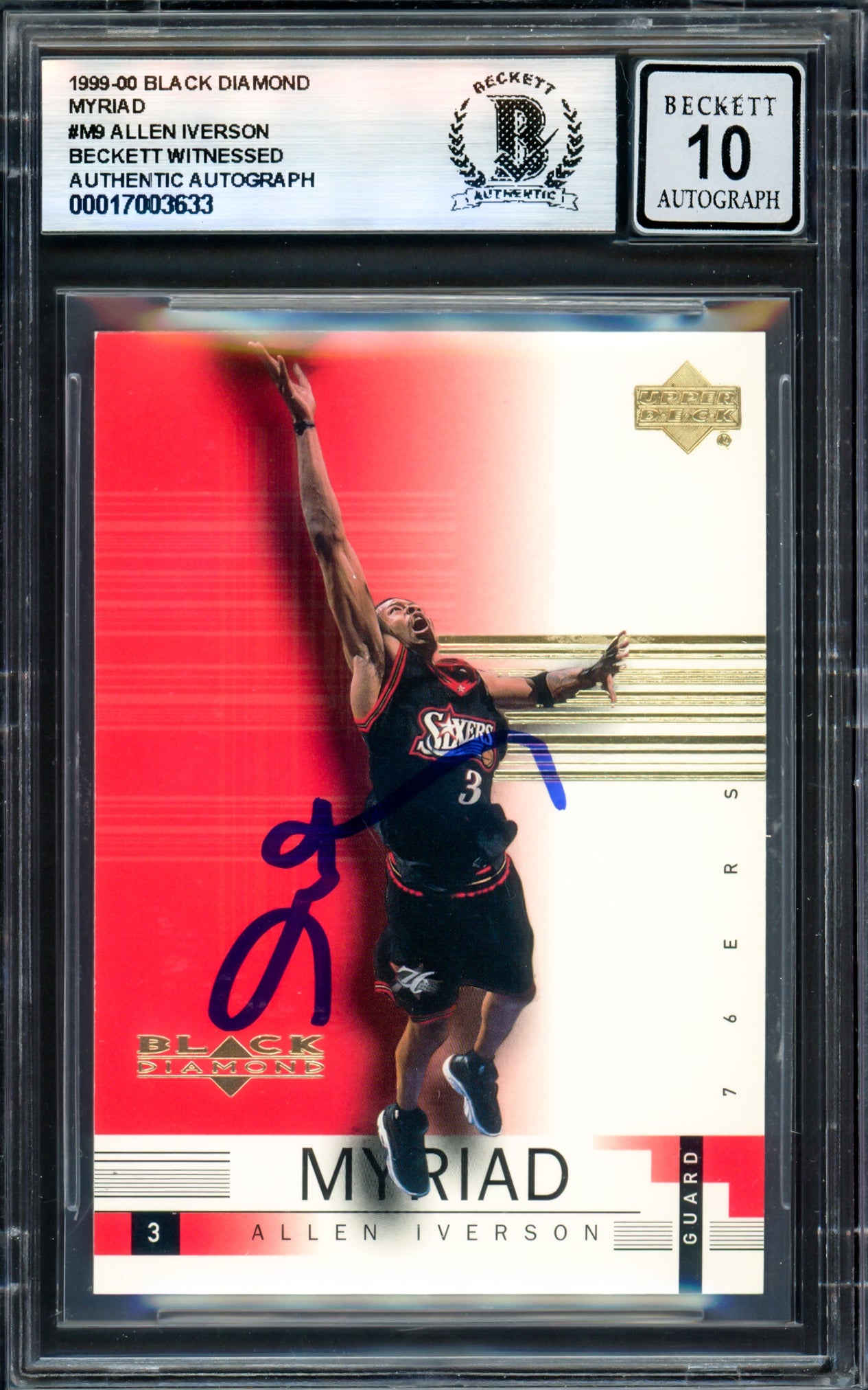 Allen Iverson Autographed 1999-00 Black Diamond Myriad #M9 Basketball Card - Philadelphia 76ers Auto Beckett BAS Gem Mint 10 (Witness #17003633) - Perfect for NBA Memorabilia Collectors & 76ers Fans Display