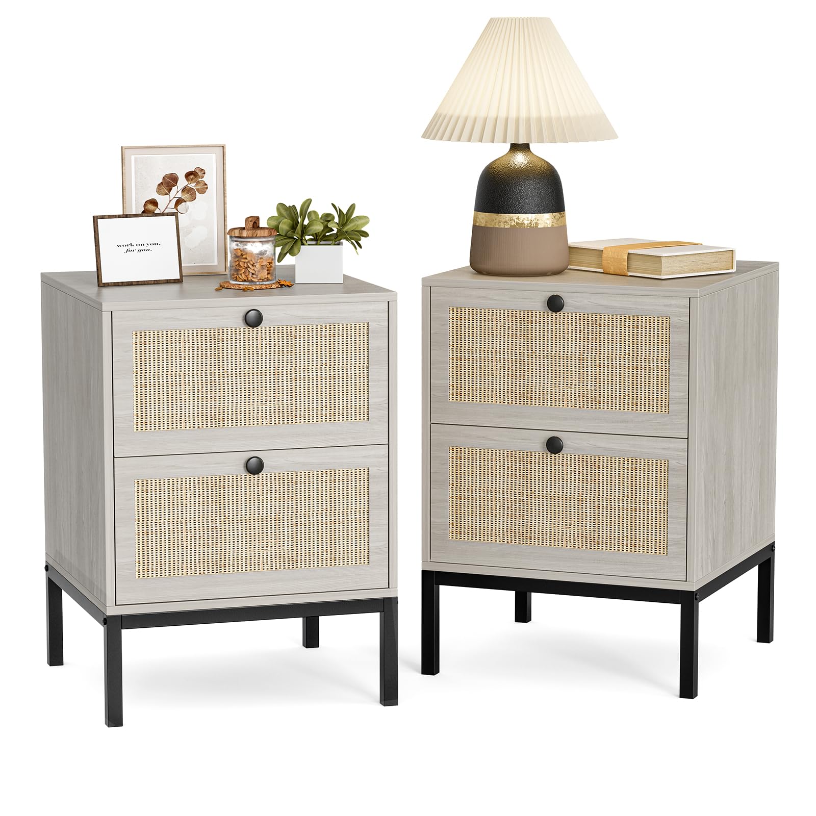 IKIFLY Rattan Nightstand Set of 2 - Handmade Natural Rattan Side Tables with 2 Drawers, Oak Grey Bedside End Tables with Storage for Bedroom, Living Room - Perfect for Small Spaces, Guest Rooms & Apartment Decor