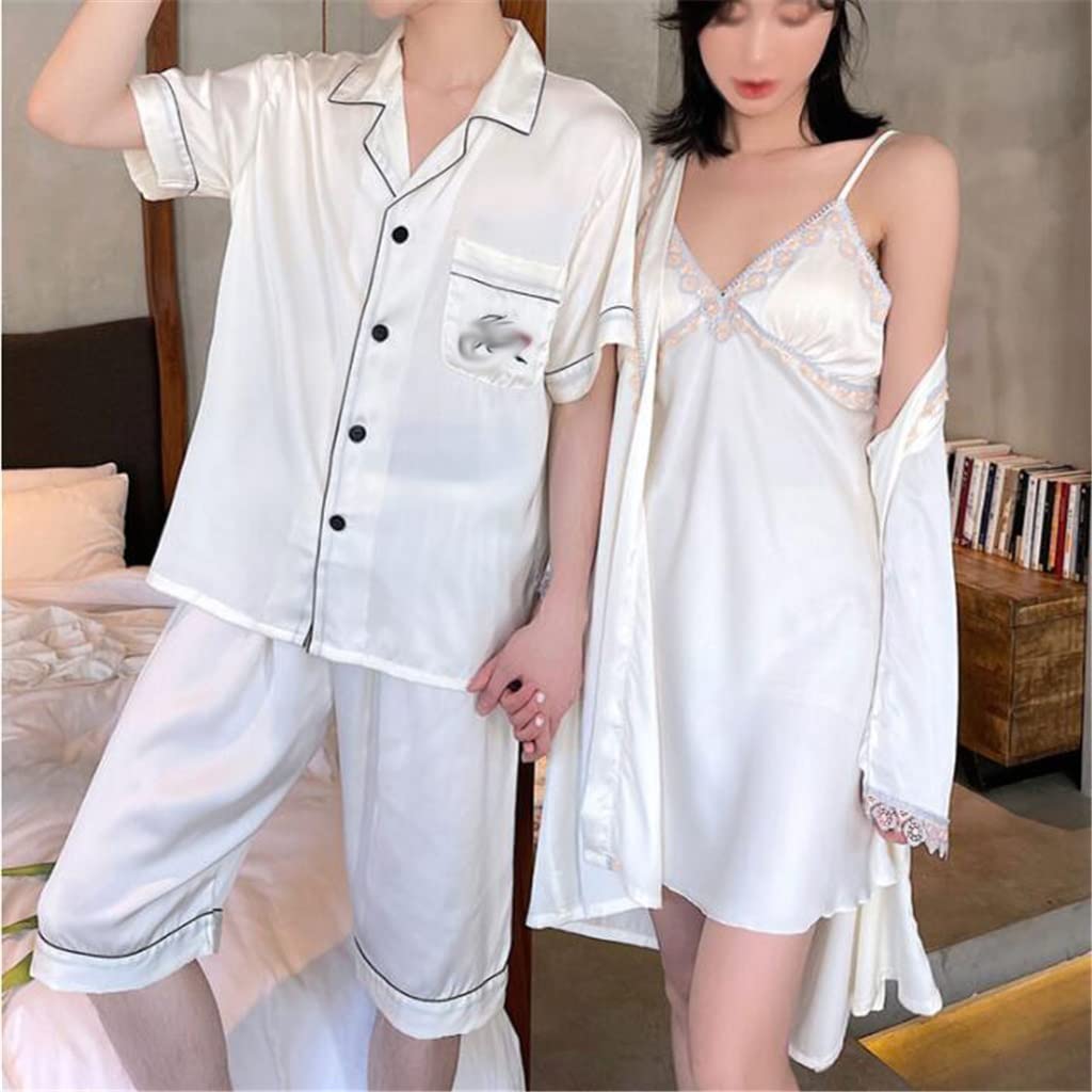Sexy Ice Silk Suspender Nightgown & Couple Pajamas Set - Women's Short Sleeve Skirt & Men's Two-Piece Pajama Suit (XXL, Color A) | Romantic Sleepwear for Couples, Valentine's Gift, Lingerie for Special Nights