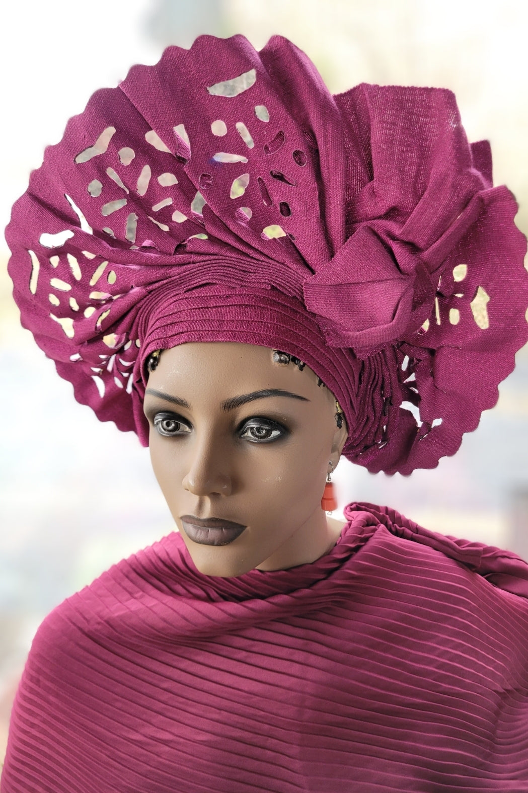 Anifere Fuchsia Pre-Tied African Lazer-Cut Aso Oke Auto Gele Headwrap | Ready-to-Wear Traditional Nigerian Headpiece for Weddings, Parties & Special Events