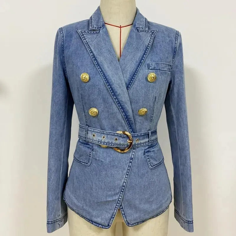 Women's Casual Belted Denim Blazer Jacket - Solid Plain Color for Office Wear & Spring Outfits