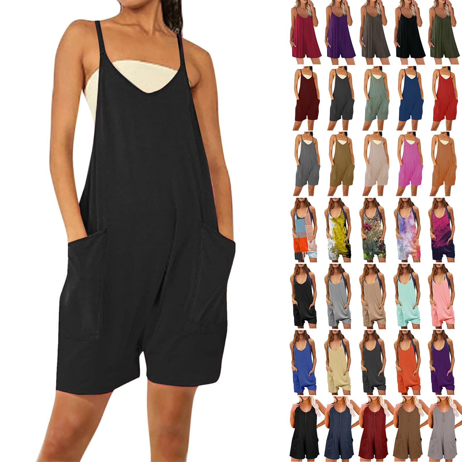 BTDECLAR Women's Sleeveless Summer Romper - Casual Loose Fit Spaghetti Strap Jumpsuit with Pockets | Perfect for Beach Outings, Music Festivals & Summer Vacations