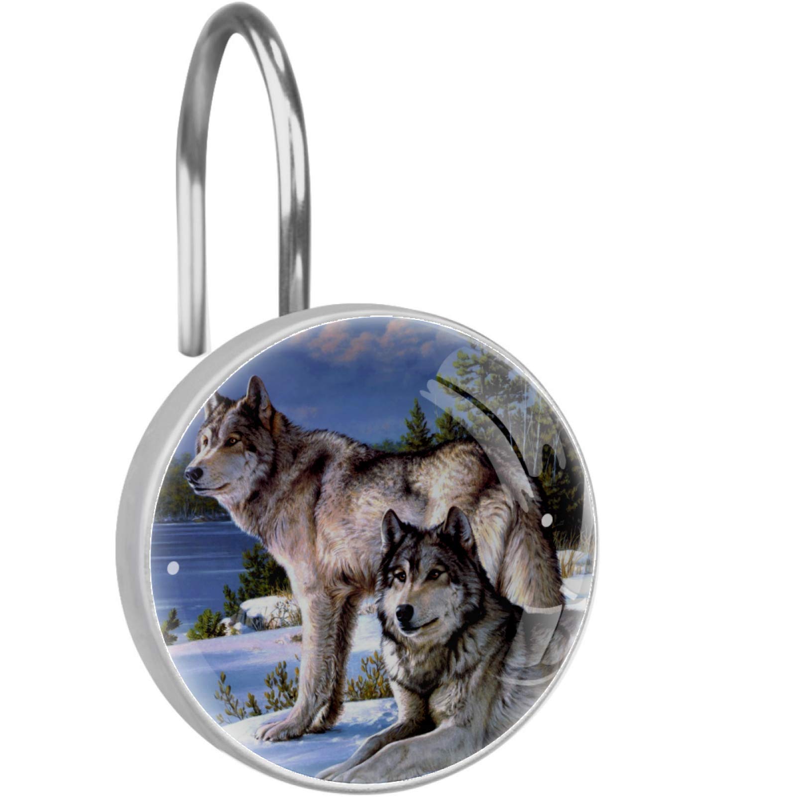 12 Pack Stainless Steel Crystal Glass Round Shower Curtain Hooks with Wolf in Snow Print - Durable Bathroom Accessories for Home & Hotel Use, Perfect for Hanging Shower Liners and Decorative Curtains