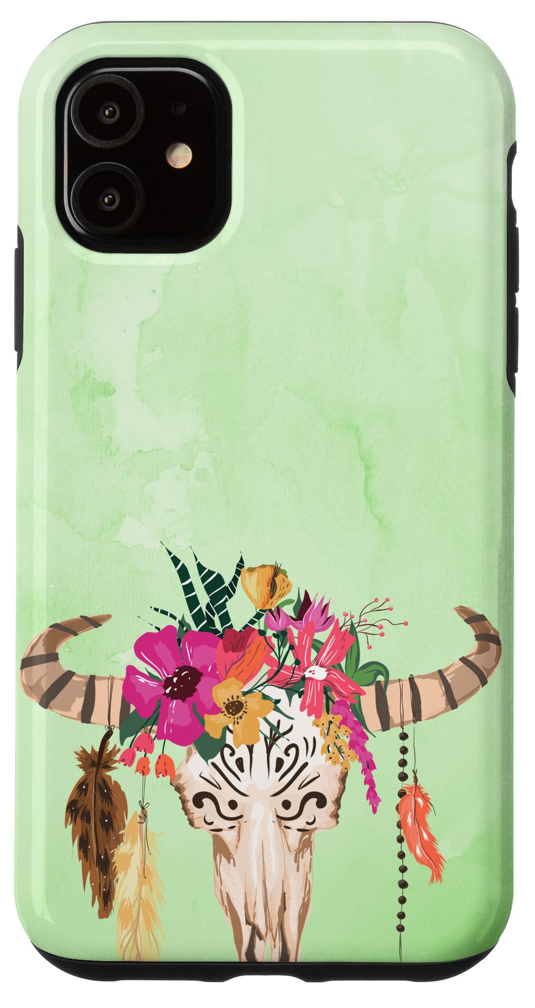 iPhone 11 Case - Bull Cow Skull Boho Green Watercolor Design Protective Phone Cover | Perfect for Western Lovers, Music Festivals & Boho Style Enthusiasts