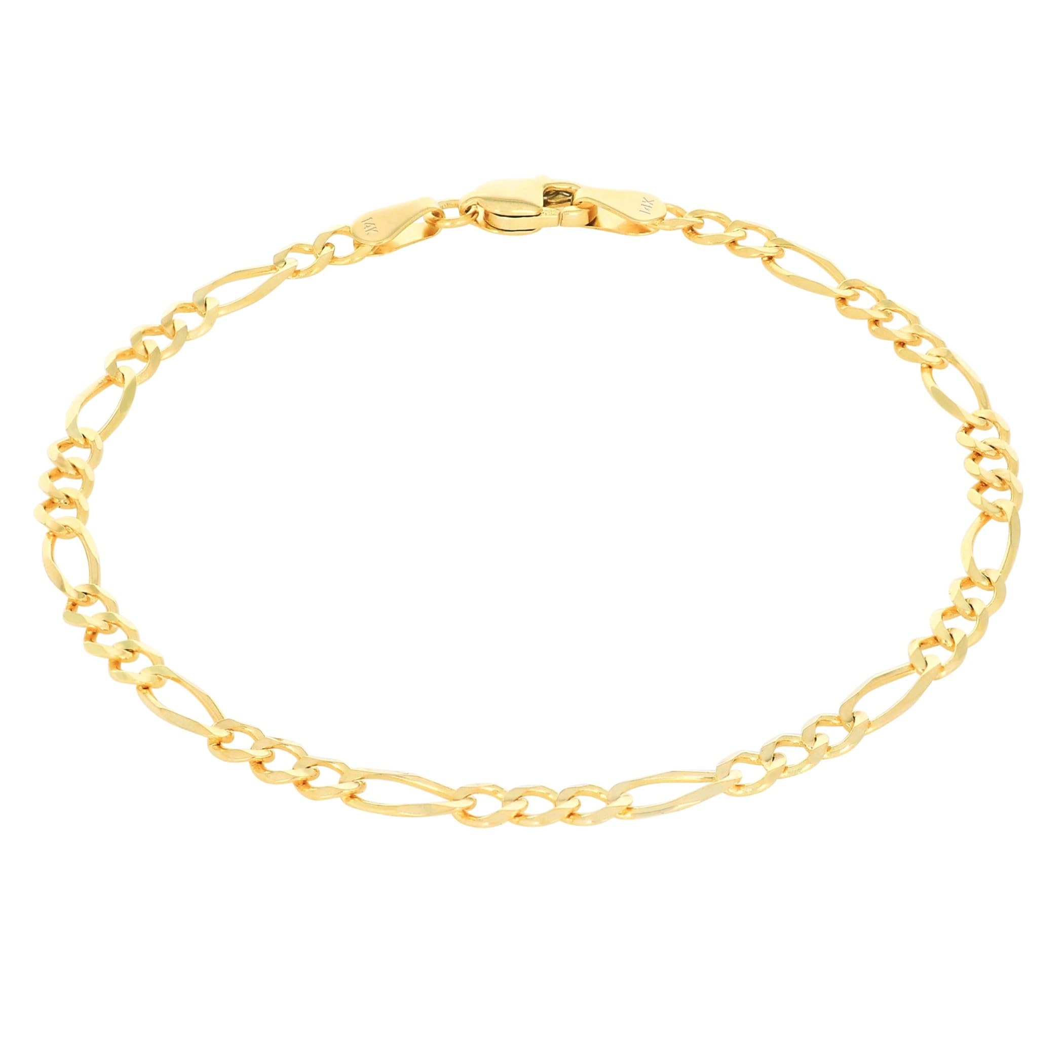 14K Real Yellow Gold Solid Figaro Link Chain Bracelet 3.5mm - Italian Jewelry for Men & Women (7