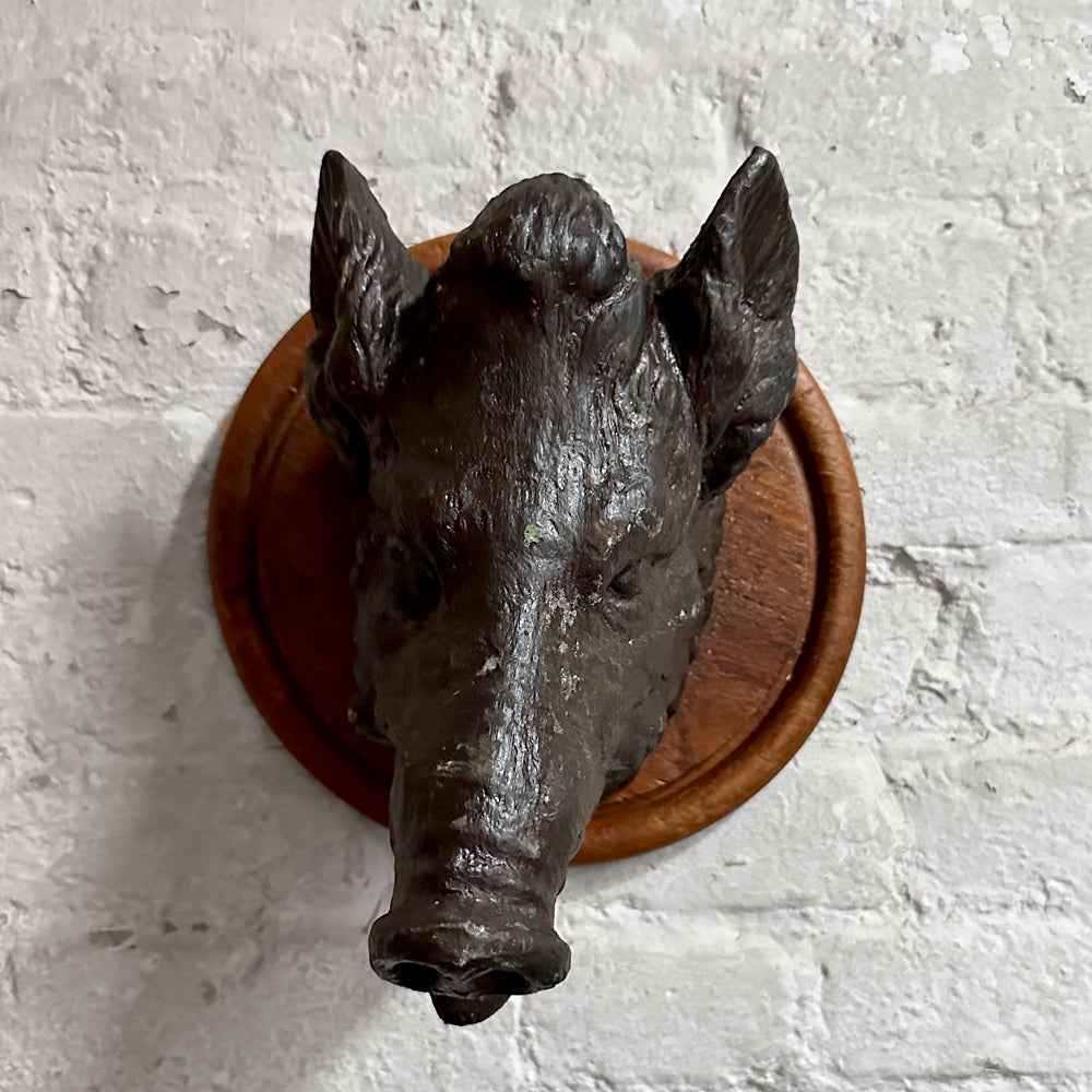 Antique Black Forest Carved Black Boar Head Wall Mount - Handcrafted Wooden Hunting Trophy Decor (23B02) | Rustic Cabin, Lodge & Man Cave Wall Art