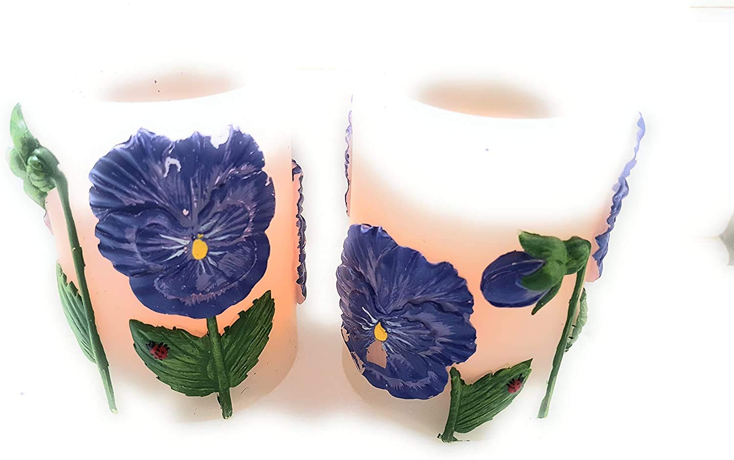 Northern Lights Flameless LED Candles Set of 2 - Hand-Painted Blue Flowers with Ladybugs Design, Battery Operated with Timer - Perfect for Home Decor, Romantic Dinner & Bedroom Ambiance