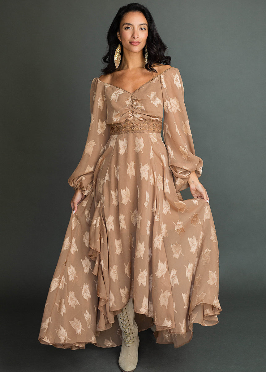 Isabella Women's Dress in Latte - Elegant Flowy Midi Dress for Casual Wear, Office & Special Occasions