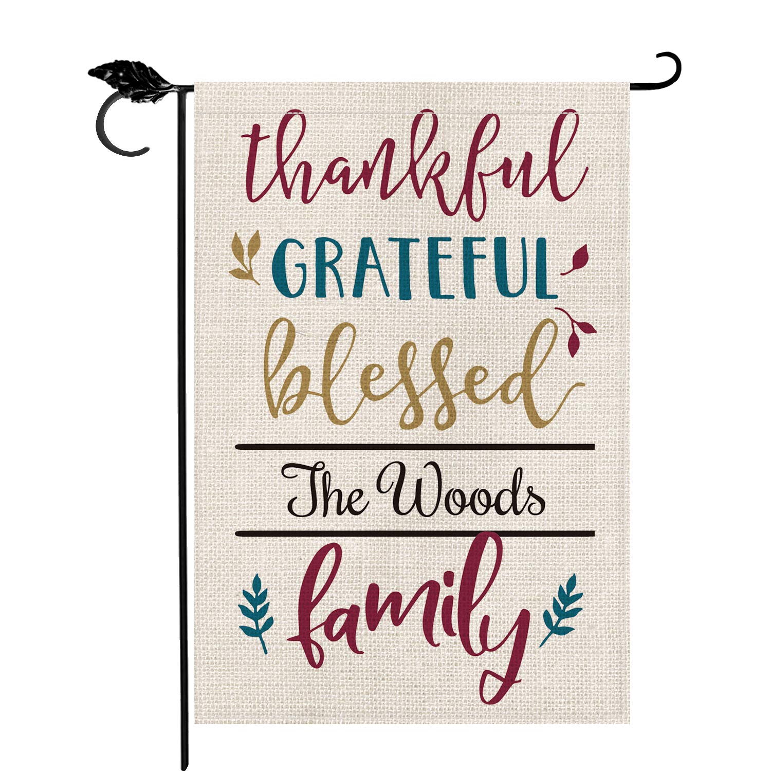 Custom Thanksgiving Garden Flag - Personalized Family Name, Thankful Grateful Blessed Design, Double Sided 12x18 Inch Rustic Farmhouse Burlap Outdoor Yard Decoration for Fall, Autumn, and Holiday Season