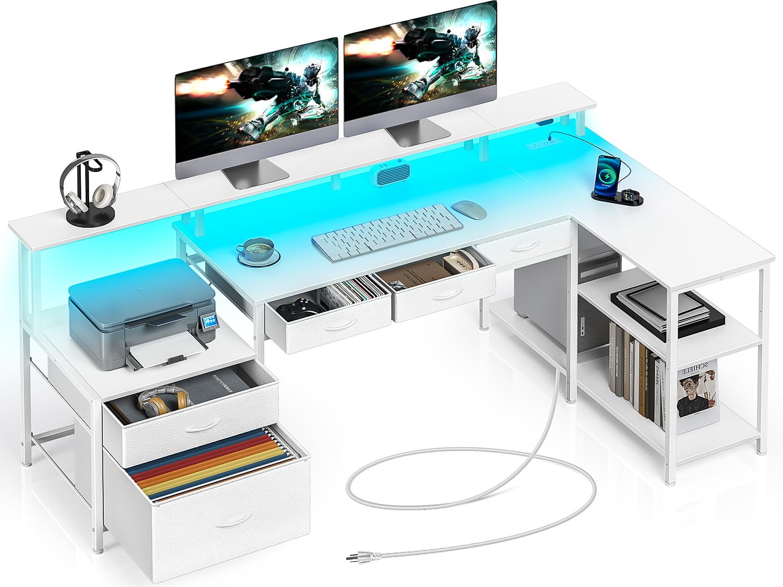L Shaped Desk with File Drawers & Power Outlet - 64