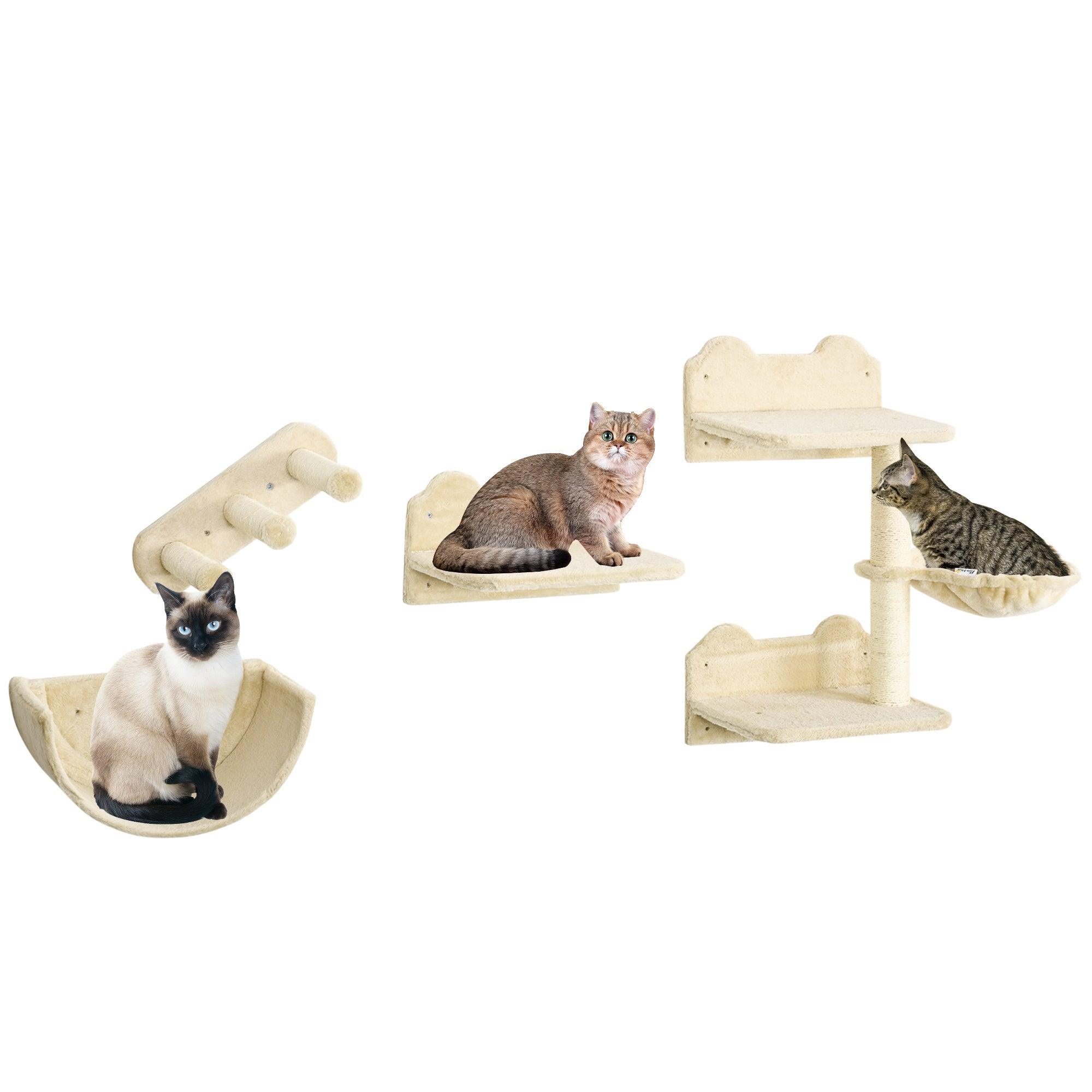 4-Piece Cat Wall Shelves Set with Hammock, Steps, Perches & Scratching Post - Multi-Level Climbing Furniture for Cats to Sleep, Play & Lounge - Beige Home Decor for Pet Lovers