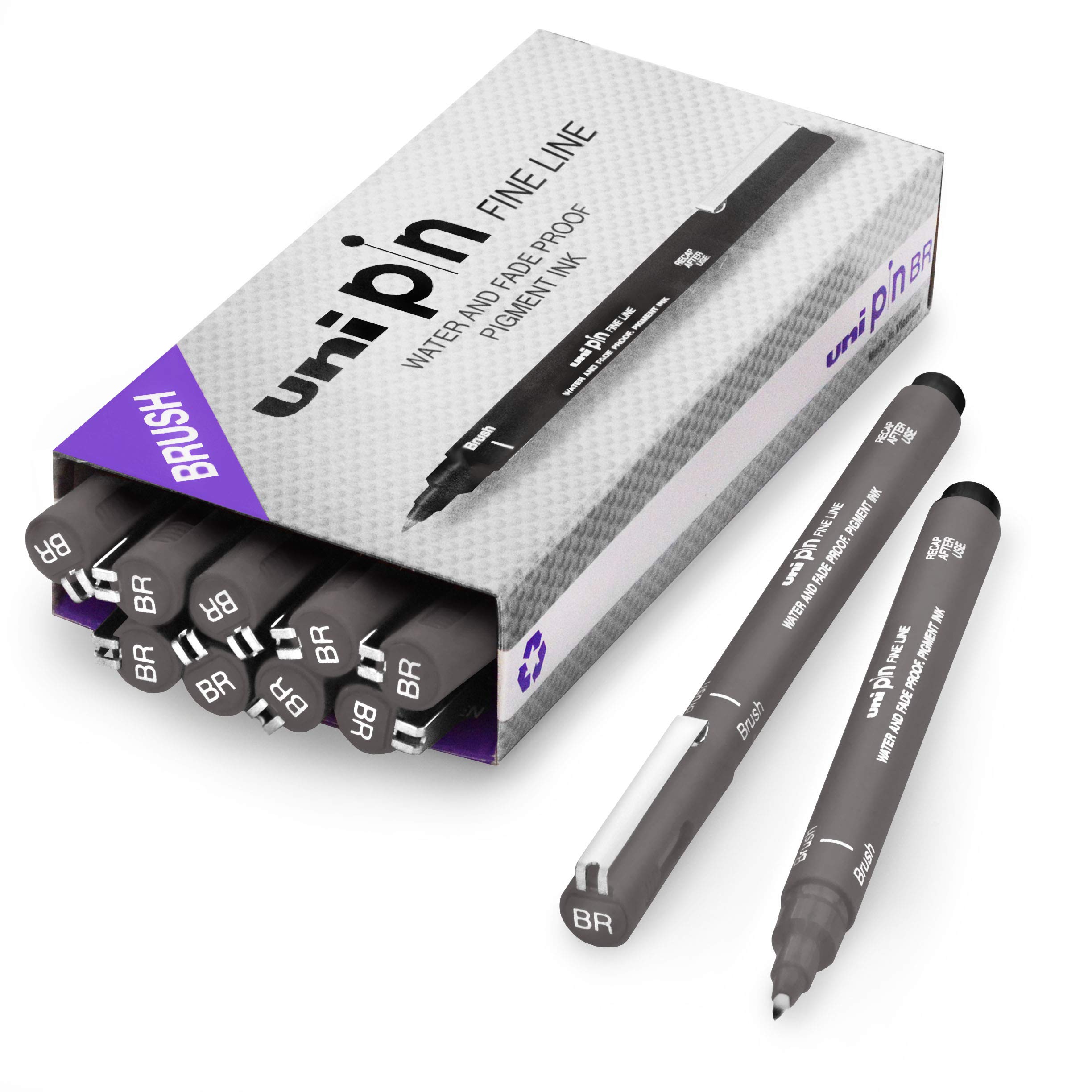 Uni Pin Fineliner Drawing Pen - Dark Grey Ink - Brush Nib - Pack of 12 | Perfect for Sketching, Calligraphy & Illustration | Ideal for Artists, Designers & Students