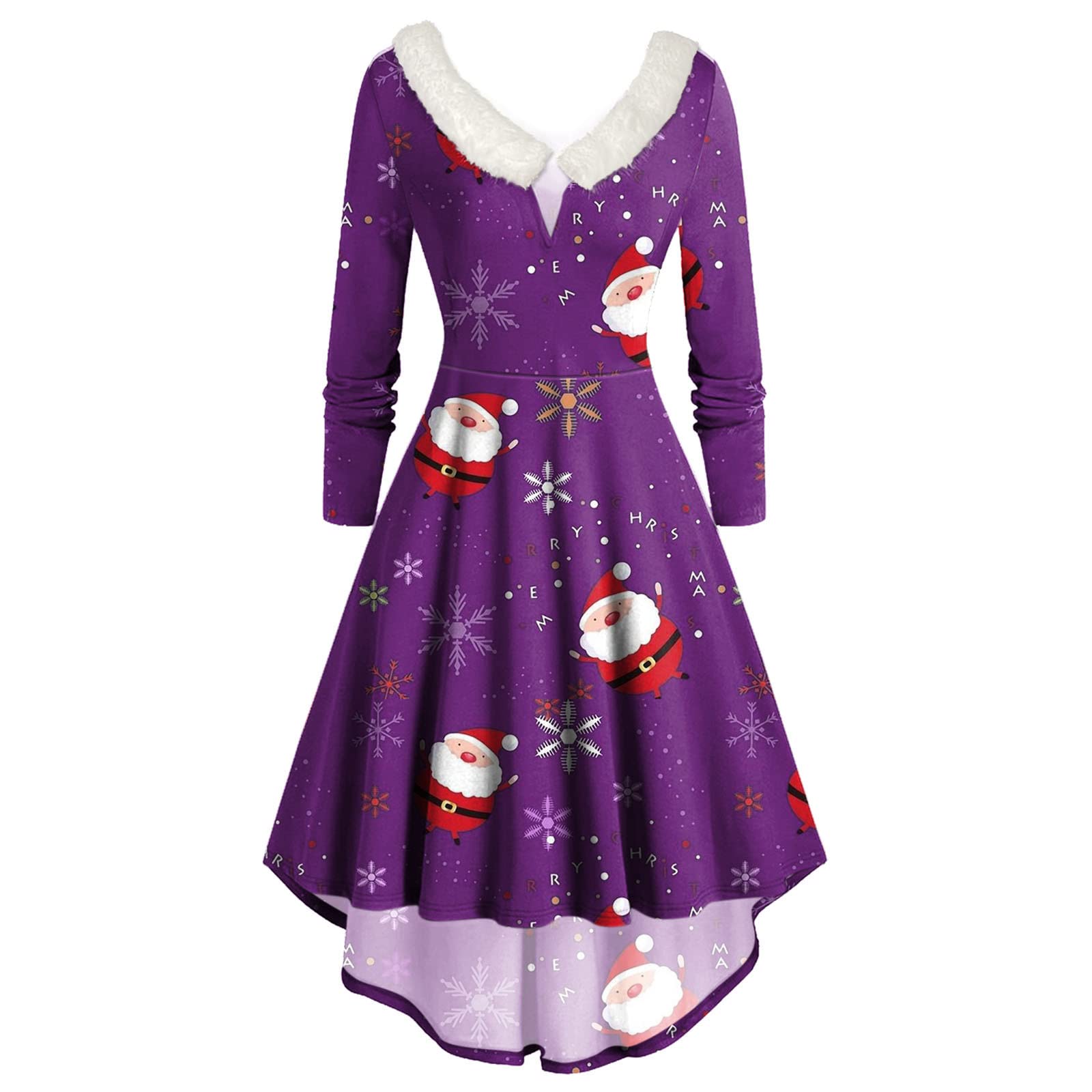 Women's Casual Red Slim Christmas Dresses - Long Sleeve Cartoon Printed Flare Dress for Holiday Parties & Festive Gatherings
