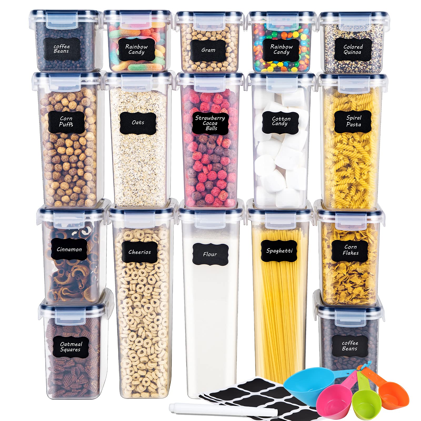 17-Piece Airtight Food Storage Containers Set - BPA Free Clear Plastic Cereal Containers with Lids - Kitchen & Pantry Organization Kit Includes Labels, Marker & Spoon - Perfect for Meal Prep, Baking Ingredients, and Dry Food Storage