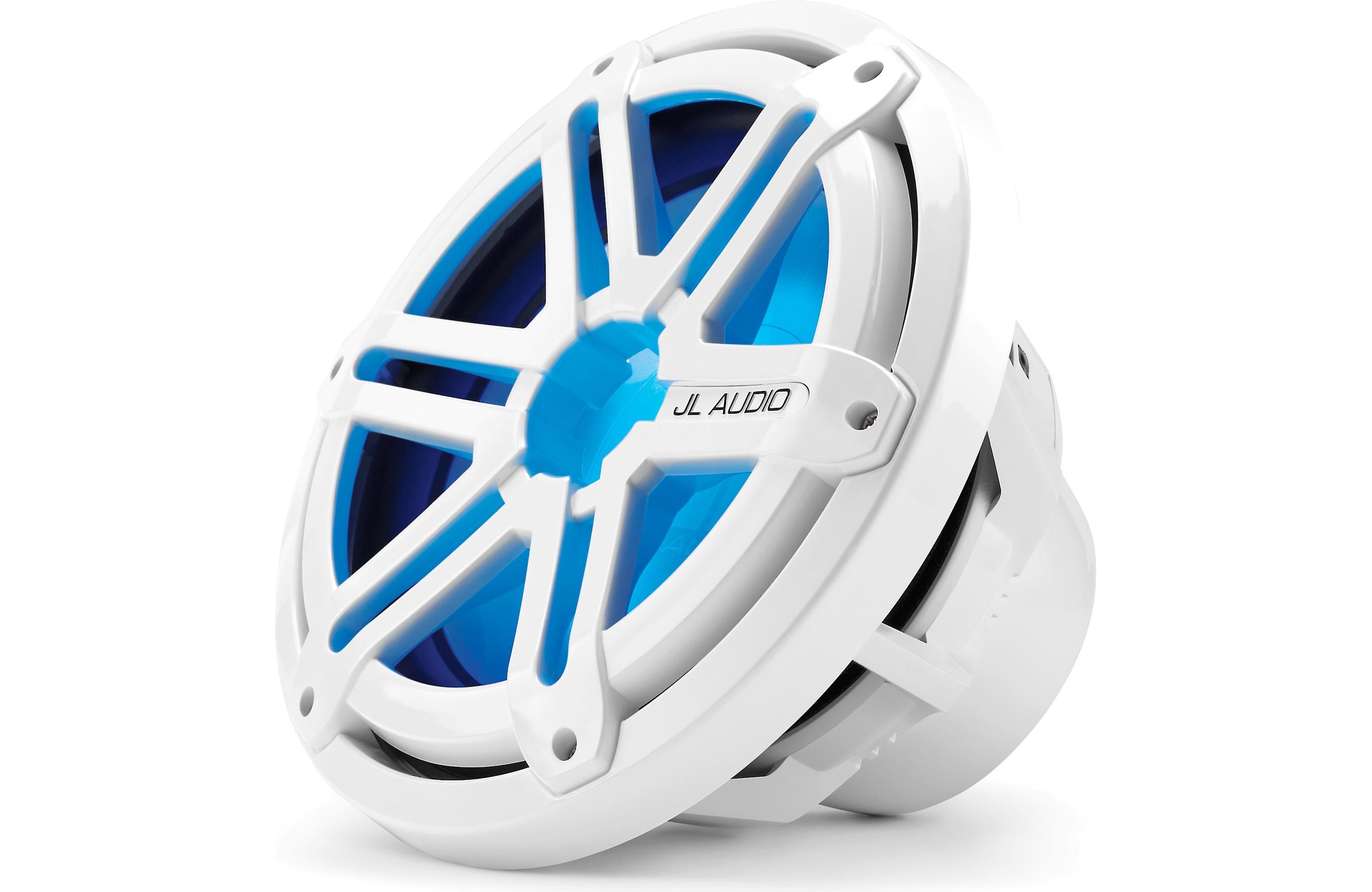 JL Audio MX10IB3-SG-WLD-B MX Series Marine 10-Inch Subwoofer with LED Lighting, 4 Ohm, Infinite Baffle, White Sport Grille - 175W RMS Power - Perfect for Boats, Yachts & Marine Audio Systems